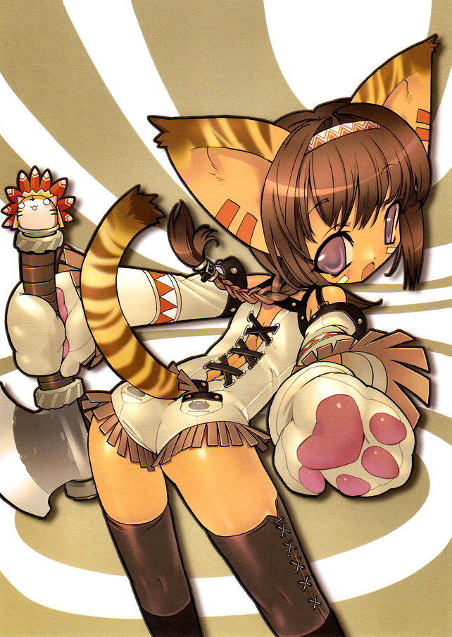 blade (galaxist), toradora!, official art, 1girl, animal ears, animal hands, animal print, ass, axe, braid, brown hair, cat ears, facepaint, female focus, fringe trim, gloves, paw gloves, purple eyes, solo, thighhighs, tiger print, tribal, weapon