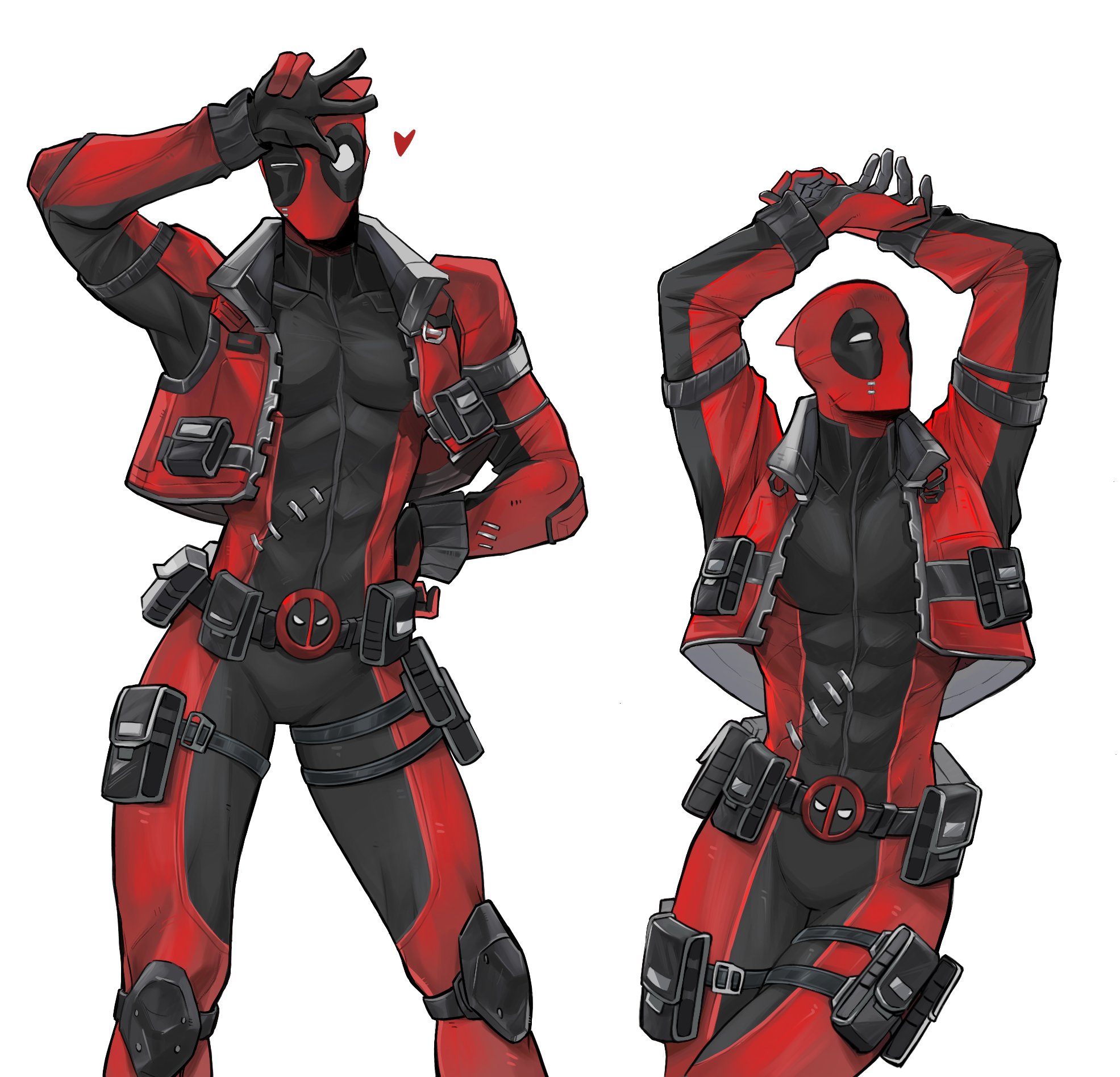 deadpool, deadpool (series), marvel, marvel rivals, highres, abs, bodysuit, gloves, heart, jacket, looking at another, male focus, mask, muscular, muscular male, pectorals, red mask, superhero costume, white background, zhfifi2690632