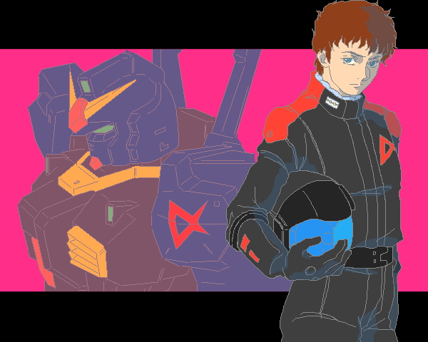 amuro ray, gundam mk ii, gundam, zeta gundam, pilot suit, blue eyes, brown hair, helmet, holding, holding unworn helmet, mecha, robot, unworn helmet