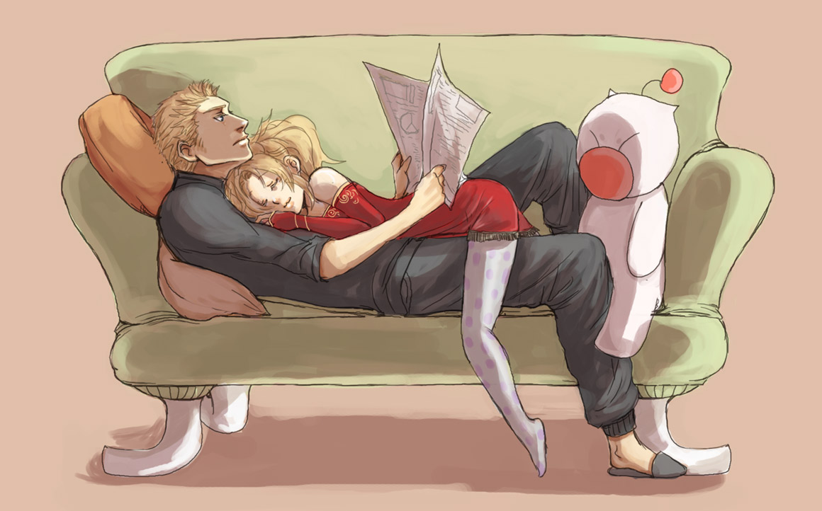 itanji, gabranth, gabranth (ff12), moogle, tina branford, dissidia final fantasy, final fantasy, final fantasy vi, final fantasy xii, bad id, bad pixiv id, 00s, 1990s (style), 1boy, 1girl, blonde hair, closed eyes, couch, couple, elbow gloves, gloves, head rest, hetero, long hair, newspaper, pantyhose, ponytail, skirt, smile