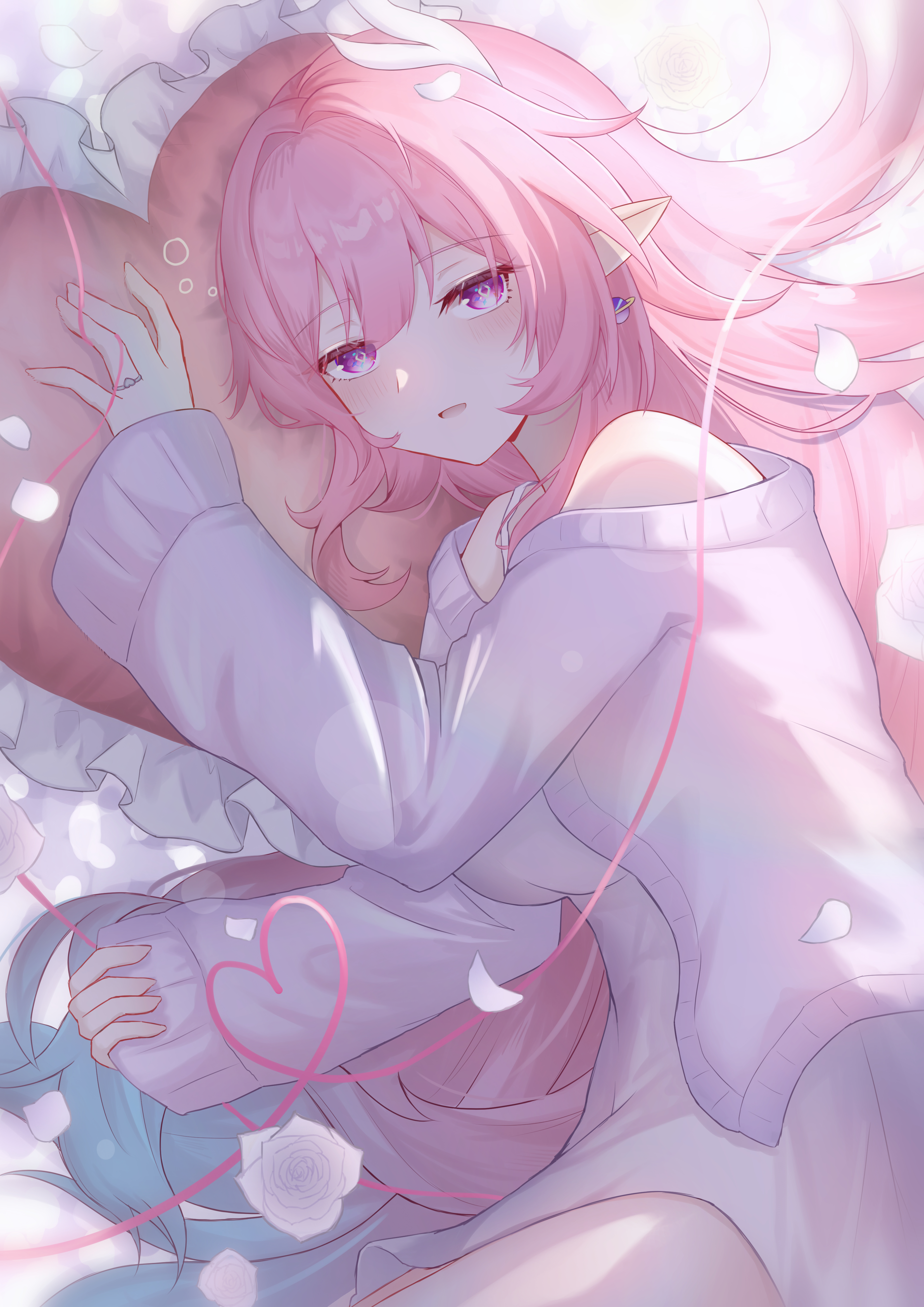 mako (cvyt5325), cyrene (honkai: star rail), honkai: star rail, honkai (series), absurdres, commentary request, highres, 1girl, alternate costume, aqua hair, breasts, cyrene (demiurge) (honkai: star rail), diamond-shaped pupils, diamond (shape), earrings, heart, heart-shaped pillow, jewelry, large breasts, long hair, looking at viewer, lying, multicolored hair, on side, parted lips, pillow, pink hair, pointy ears, purple eyes, solo, sweater, symbol-shaped pupils, two-tone hair, very long hair, white sweater