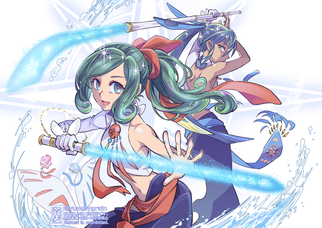 misuke (gyouran), trung nhi (fate), trung trac (fate), fate/grand order, fate (series), 2girls, black hair, blue eyes, dark-skinned female, dark skin, energy sword, gloves, green hair, long hair, midriff, multiple girls, navel, ponytail, red pupils, siblings, single glove, sisters, smile, sword, water, weapon, yellow eyes