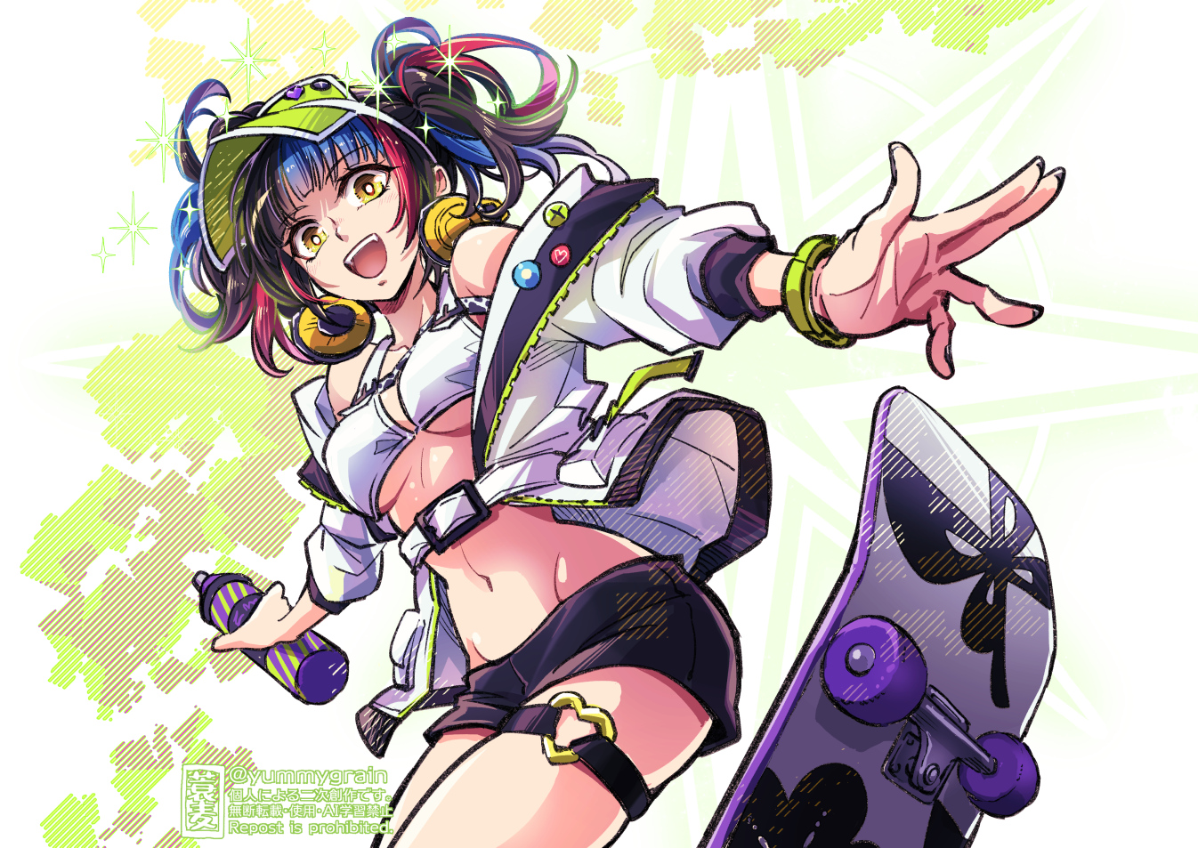 misuke (gyouran), sei shounagon (fate), sei shounagon (swimsuit berserker) (first ascension) (fate), fate/grand order, fate (series), 1girl, bikini, black shorts, breasts, headphones, headphones around neck, jacket, medium breasts, multicolored hair, shorts, skateboard, spray paint, swimsuit, thigh strap, twintails, visor cap, white bikini, white jacket, yellow eyes