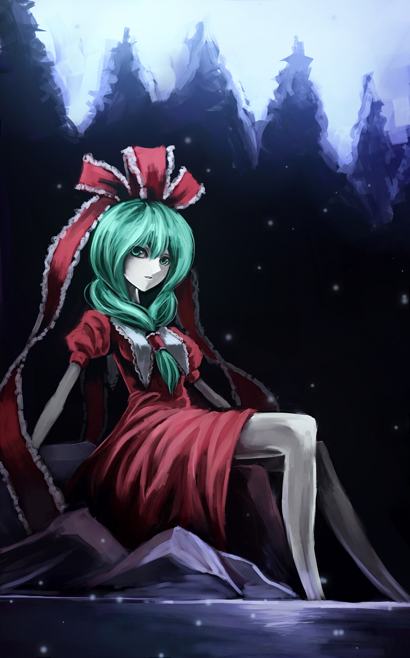 parsley-f, kagiyama hina, touhou, stone, bad id, bad pixiv id, highres, 1girl, bow, dark, dress, female focus, forest, front ponytail, green eyes, green hair, hair bow, ice, legs, long hair, matching hair/eyes, nature, outdoors, pale skin, red dress, ribbon, short sleeves, sitting, sky, snow, solo, water
