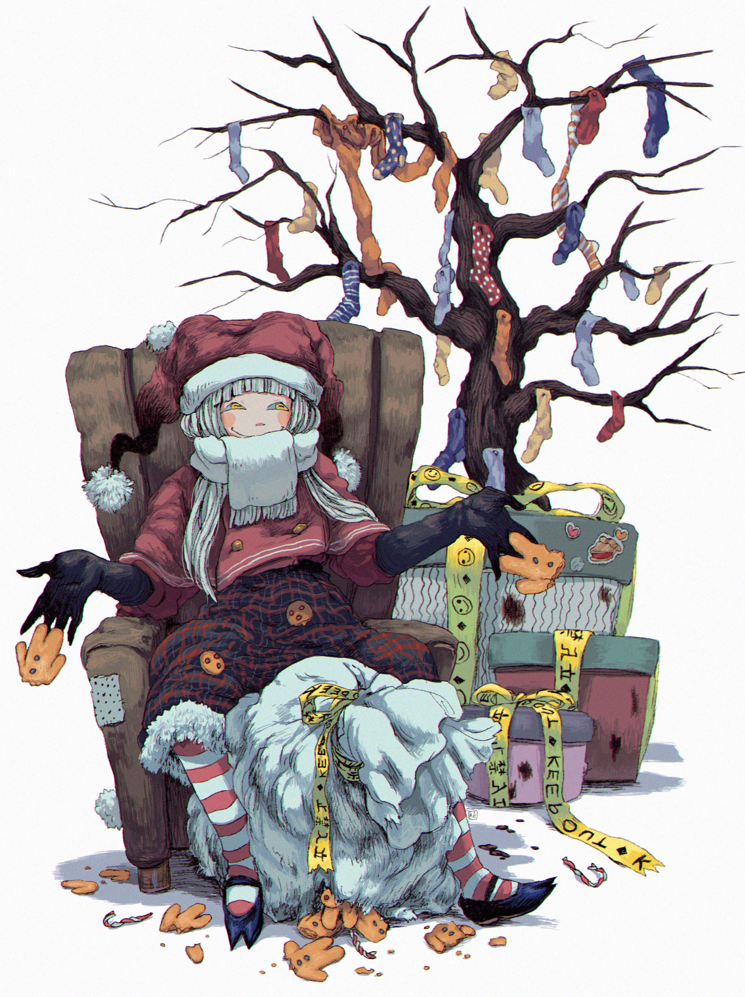 ttanne, original, absurdres, commentary, highres, 1girl, bag, bare tree, christmas, cookie, food, gift, gingerbread man, grey hair, hat, horizontal pupils, light blush, long hair, monster girl, multicolored socks, poncho, red socks, santa hat, scarf, simple background, sitting, smile, socks, solo, tree, white scarf, white socks, yellow eyes