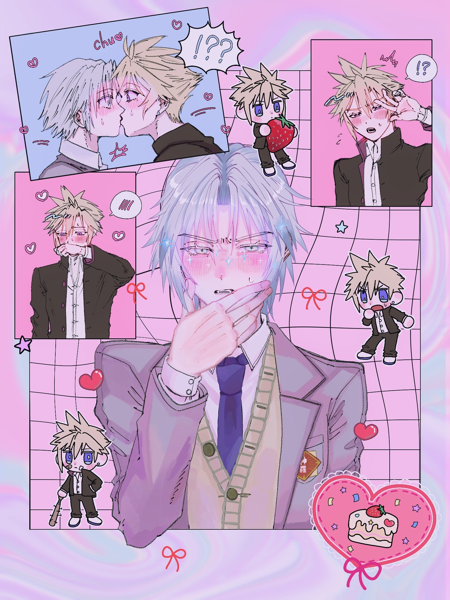 sephiroth, sephiroth (ever crisis), final fantasy, final fantasy vii, final fantasy vii: ever crisis, commentary request, highres, !?, 2boys, ^^^, bandage on face, bandages, baseball bat, black jacket, black pants, blonde hair, blue eyes, blue necktie, blush, brown sweater vest, cake, cake slice, chibi, chibi inset, cloud strife (midgard seventh high school), collared shirt, colorful, confetti, covering own mouth, earrings, embarrassed, fangs, flying sweatdrops, food, fruit, furrowed brow, gakuran, green eyes, grey hair, grey jacket, hair intakes, half-closed eyes, hand up, heart, holding, holding baseball bat, holding food, jacket, jewelry, kiss, lace, male focus, multiple boys, multiple views, nail (hardware), nail bat, necktie, nose blush, official alternate costume, open clothes, open jacket, open mouth, oversized food, oversized object, pants, parted bangs, pastel colors, pink ribbon, ribbon, school uniform, sephiroth (shinra private academy), shirt, shoes, short hair, single earring, slit pupils, sparkle, spiked hair, star (symbol), strawberry, stud earrings, surprised, sweater vest, ta0 ff gtmt, white shirt, white shoes, wide-eyed, wing collar, yaoi