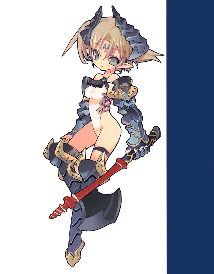 blade (galaxist), 1girl, armor, armored boots, axe, boots, brown hair, covered erect nipples, drop shadow, female focus, forehead jewel, full body, greaves, grey eyes, horns, leotard, looking at viewer, pointy ears, short hair, solo, thigh boots, thigh strap, thighhighs, weapon