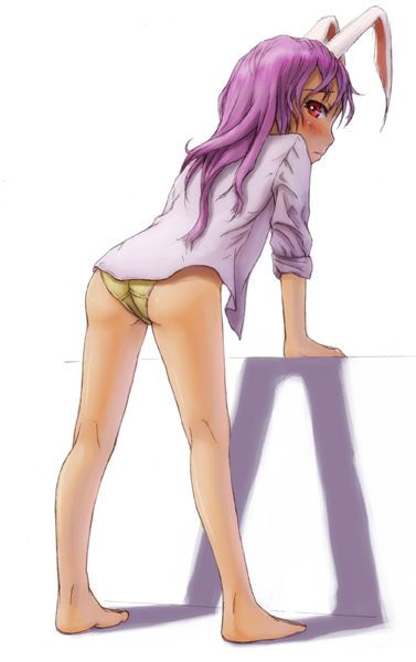 kurione (pixiv), kurione (zassou), reisen udongein inaba, touhou, bad id, bad pixiv id, 1girl, animal ears, ass, barefoot, blush, bottomless, feet, female focus, legs, long hair, looking back, no pants, panties, purple hair, rabbit ears, red eyes, solo, underwear