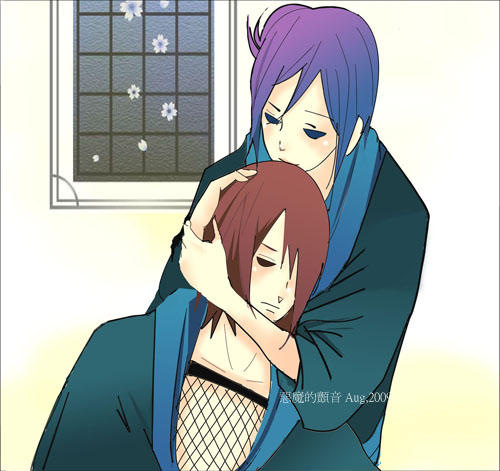 devil-trill, konan (naruto), nagato (naruto), naruto (series), naruto shippuuden, lowres, 00s, 1boy, 1girl, 2009, akatsuki (naruto), blue hair, gradient hair, multicolored hair, red hair