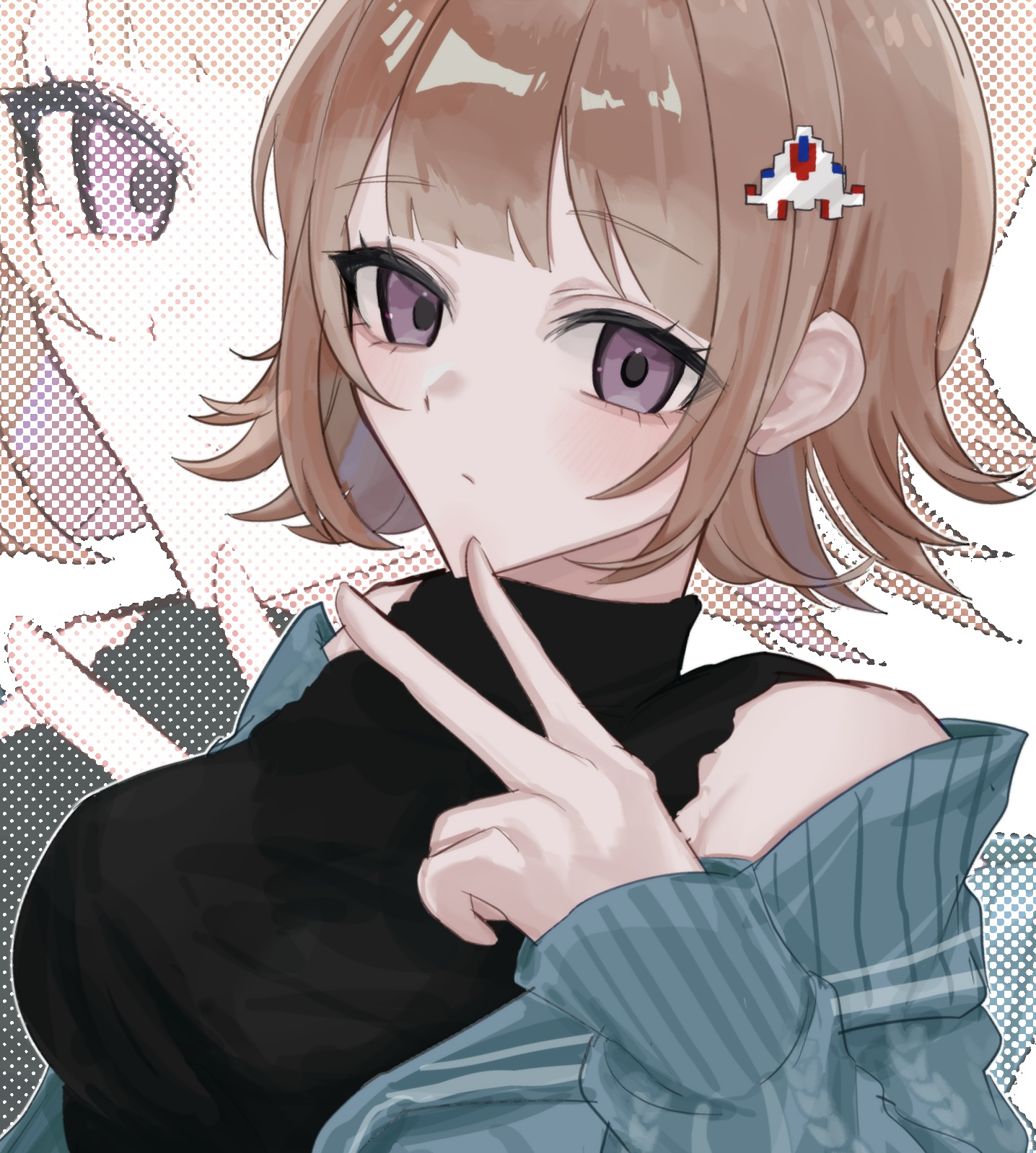 nanami chiaki, danganronpa (series), danganronpa 2: goodbye despair, highres, 1girl, araragi 3610, bare shoulders, black shirt, breasts, brown hair, flipped hair, hair ornament, hand up, jacket, large breasts, long sleeves, medium hair, official alternate costume, open clothes, open jacket, pink eyes, pointy chin, shirt, solo, v