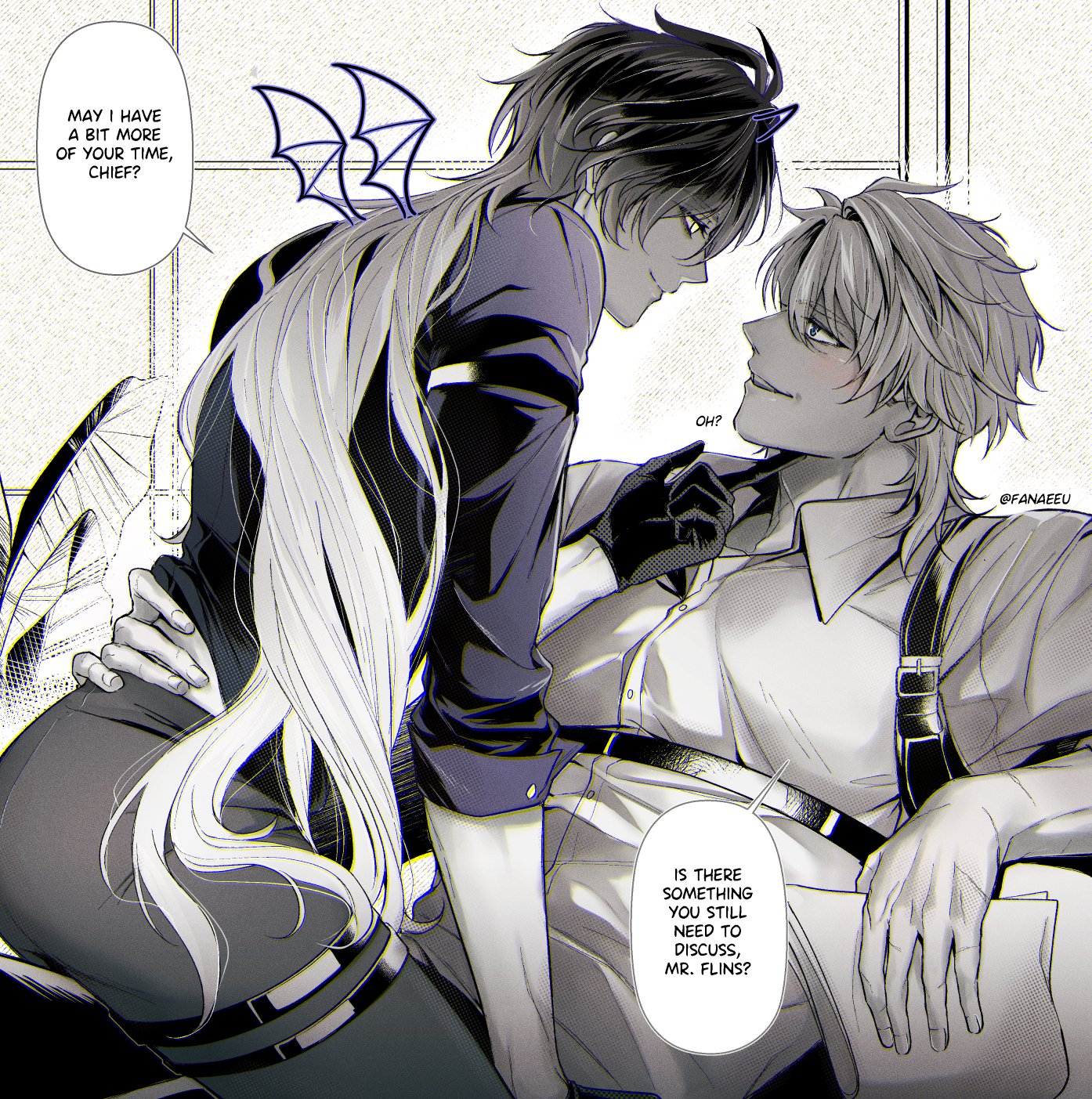 flins (genshin impact), varka (genshin impact), genshin impact, highres, 2boys, ahoge, black gloves, blue eyes, fanaeeu, gloves, greyscale, hands on another's hips, holding, holding paper, long hair, looking at another, monochrome, multiple boys, paper, sitting, sitting on lap, sitting on person, sleeves rolled up, speech bubble, watermark, yellow eyes