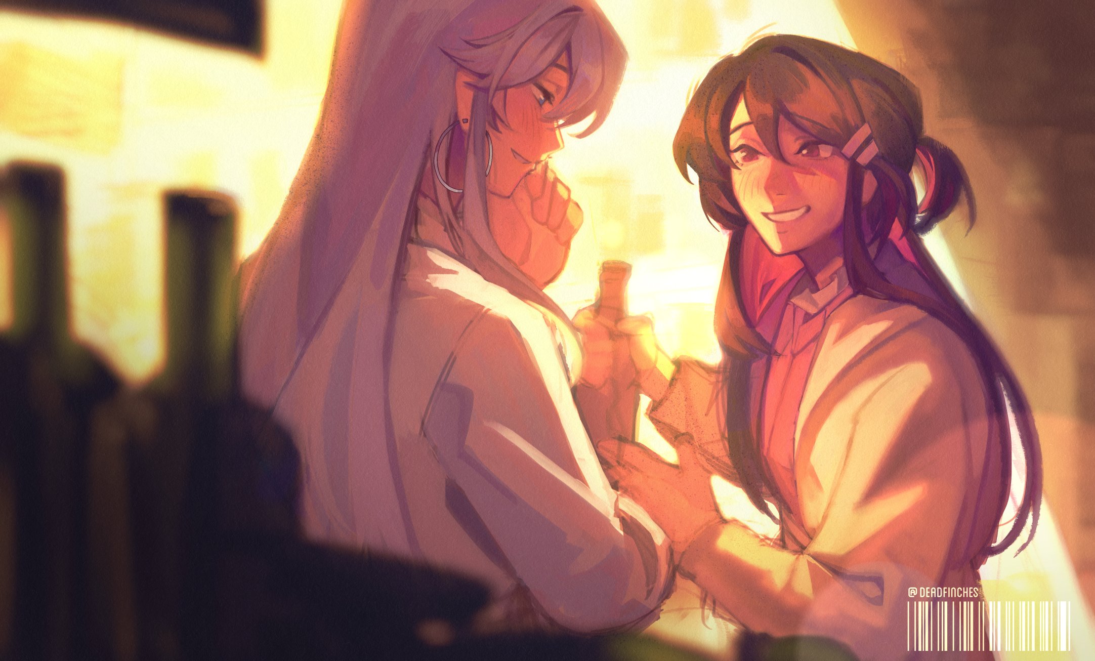 dead finch, iris wen, selene yan, love curse: find your soulmate, commentary, english commentary, highres, 2girls, artist name, barcode, blue eyes, bottle, brown hair, earrings, eye contact, grey hair, grin, hair ornament, hairclip, hand up, holding, holding bottle, hoop earrings, jewelry, looking at another, multicolored hair, multiple girls, pink eyes, pink hair, smile, two-tone hair