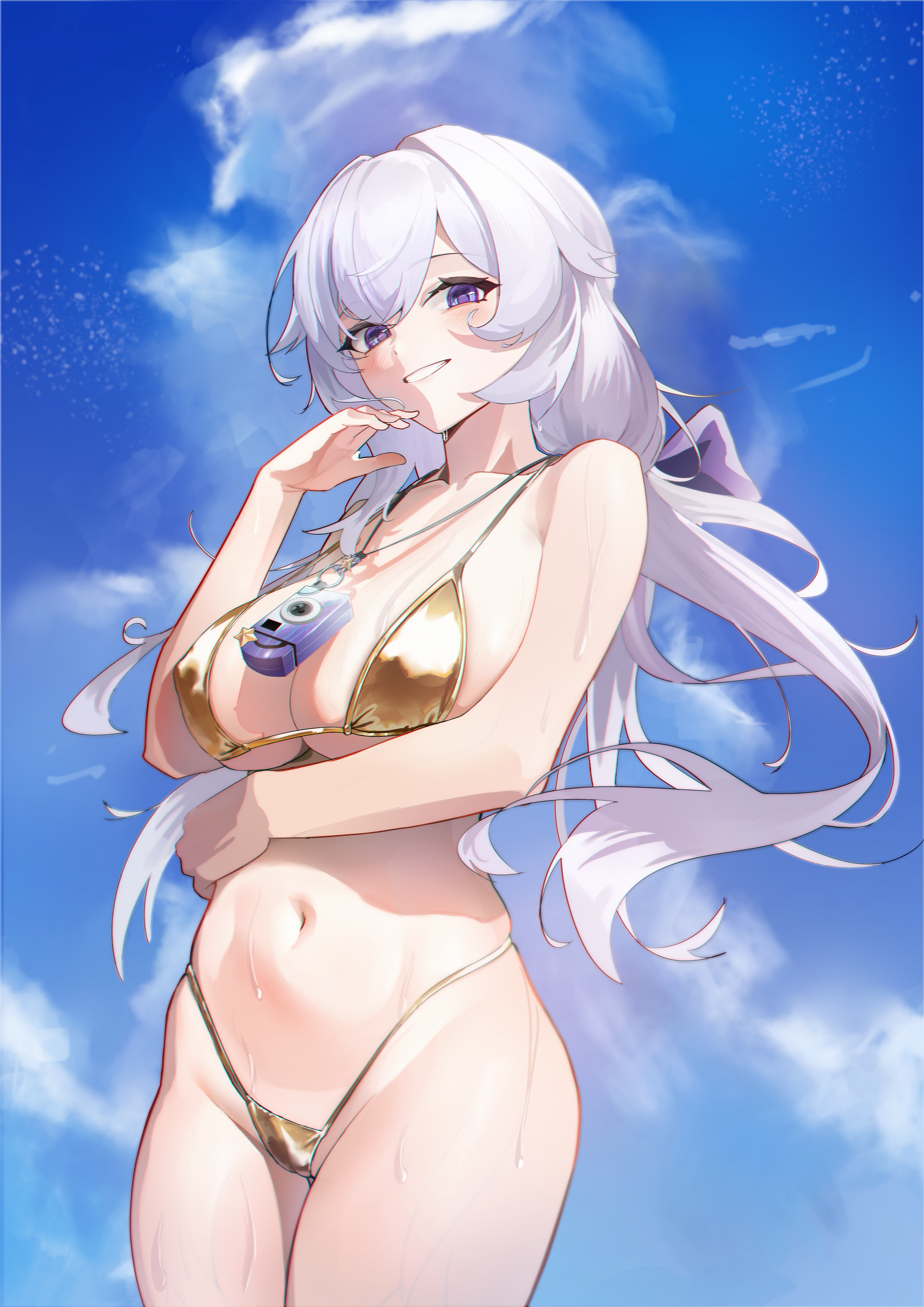 celestia (strinova), strinova, absurdres, commentary request, highres, 1girl, arm under breasts, bare shoulders, bikini, blue sky, blush, bow, breasts, camera, camera around neck, cloud, collarbone, covered erect nipples, day, from below, gold bikini, grin, groin, hair between eyes, hair bobbles, hair ornament, hand up, highleg, highleg bikini, large breasts, long hair, long long cai, looking at viewer, micro bikini, navel, outdoors, parted lips, purple bow, purple eyes, sideboob, sidelocks, sky, smile, solo, standing, star (symbol), stomach, string bikini, sunlight, swimsuit, teeth, thighs, underboob, very long hair, wet, white hair