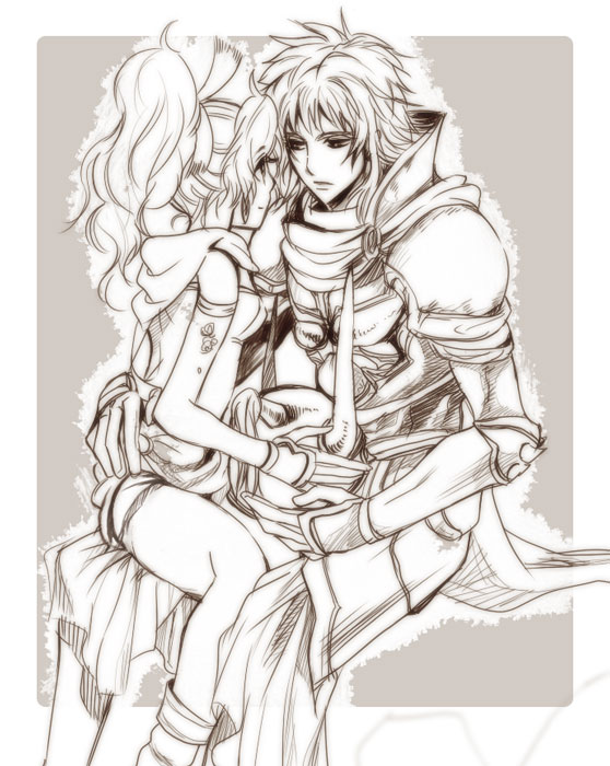 asu (asoras), tina branford, warrior of light (ff1), dissidia final fantasy, final fantasy, final fantasy i, final fantasy vi, bad id, bad pixiv id, 1990s (style), 1boy, 1girl, armor, couple, elbow gloves, gloves, hetero, long hair, ponytail, retro artstyle, smile