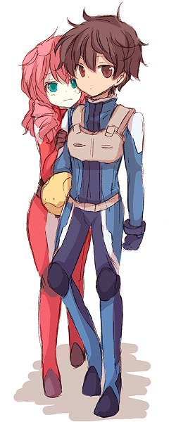 hariko, feldt grace, haro, setsuna f. seiei, gundam, gundam 00, bad id, bad pixiv id, 00s, blush, brown hair, gloves, green eyes, long hair, pink hair, red eyes