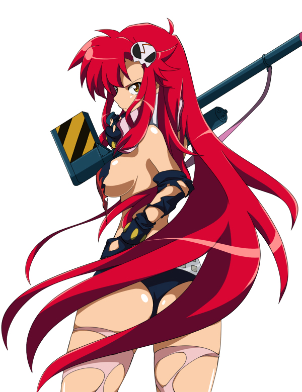 meiro (yuu), yoko littner, tengen toppa gurren lagann, tengen toppa gurren lagann: gurren-hen, 00s, 1girl, anti-materiel rifle, bikini, breasts, elbow gloves, female focus, gloves, gun, hair ornament, large breasts, long hair, red hair, rifle, scarf, sideboob, sniper rifle, solo, swimsuit, thighhighs, torn bikini, torn clothes, very long hair, weapon, yellow eyes