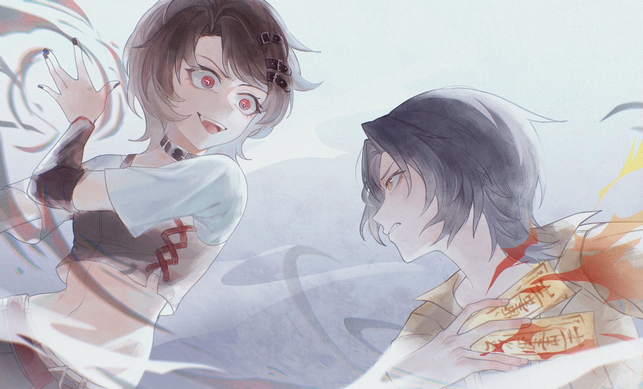 molingxiang chimangguo, eleanor si, nyx xia, love curse: find your soulmate, chinese commentary, highres, 2girls, :d, androgynous, belt, belt collar, black nails, blue hair, brown hair, clenched teeth, collar, crazy eyes, eye contact, hair ornament, hairclip, holding, holding ofuda, looking at another, midriff, multiple girls, navel, ofuda, open mouth, pale skin, red belt, red eyes, short hair, smile, teeth, v-shaped eyebrows, yellow eyes