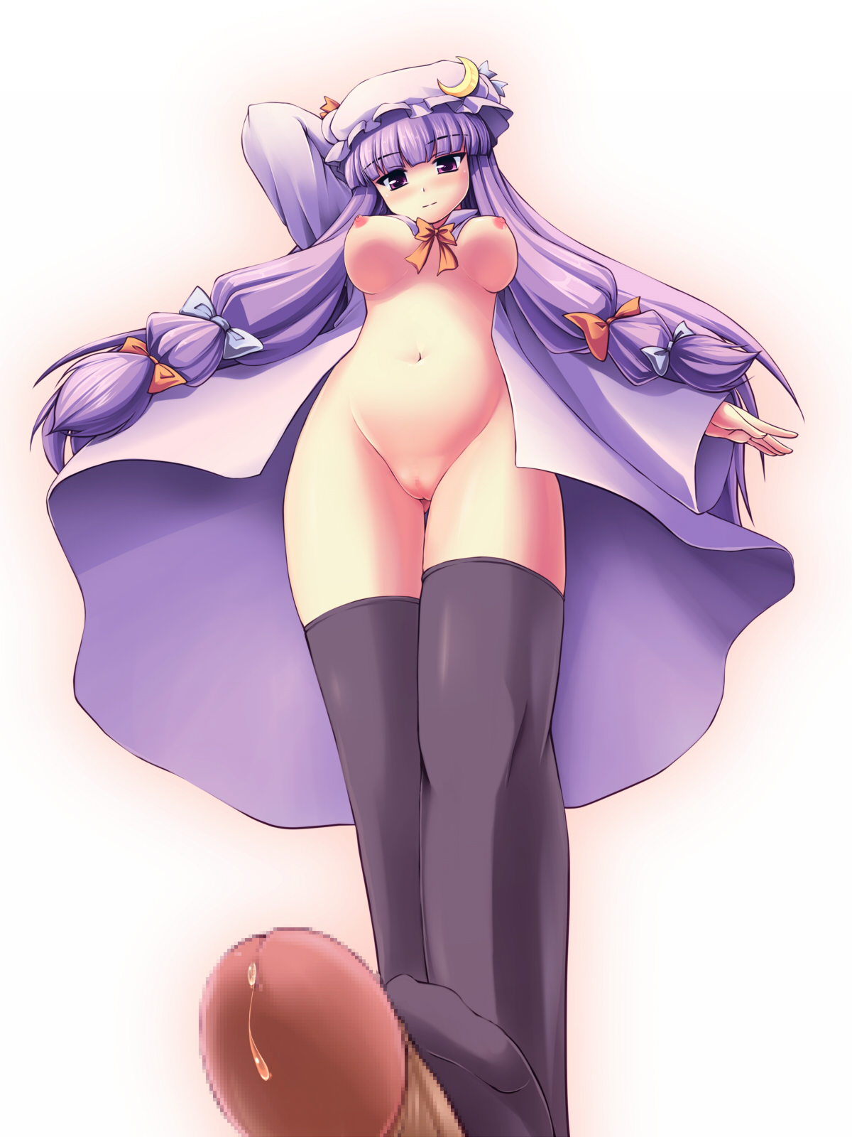 tdk, patchouli knowledge, touhou, highres, 1girl, black thighhighs, bottomless, bow, breasts, censored, cleft of venus, feet, footjob, footjob with legwear, foreshortening, hat, long hair, nipples, no panties, nude, penis, precum, purple hair, pussy, ribbon, solo focus, standing, thighhighs, very long hair