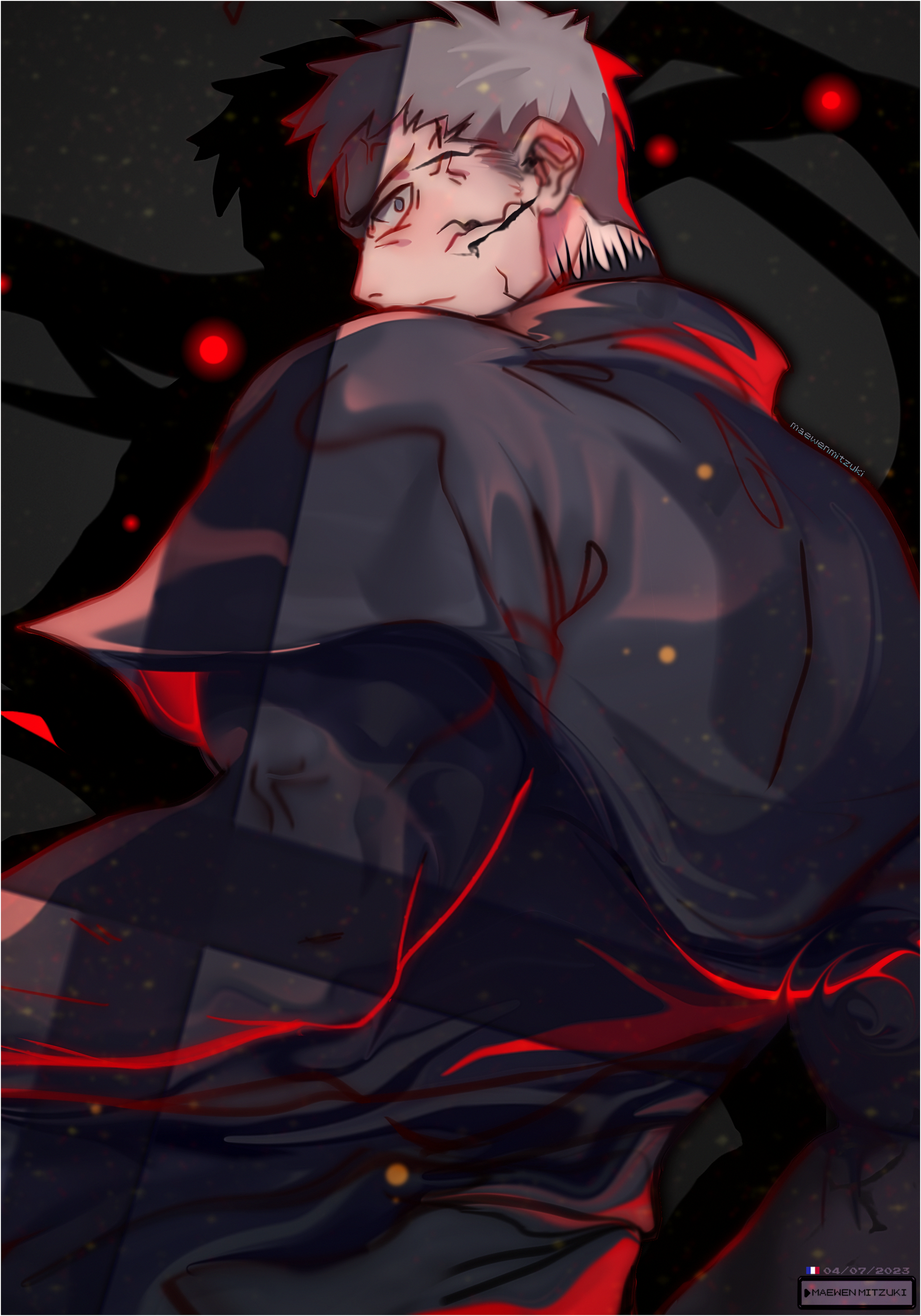 maewenmitzuki, nrvnqsr chaos, kagetsu tooya, melty blood, tsukihime, type-moon, absurdres, highres, 1boy, 666, angry, back, grey eyes, grey hair, long coat, looking at viewer, male focus, simple background, solo, staring