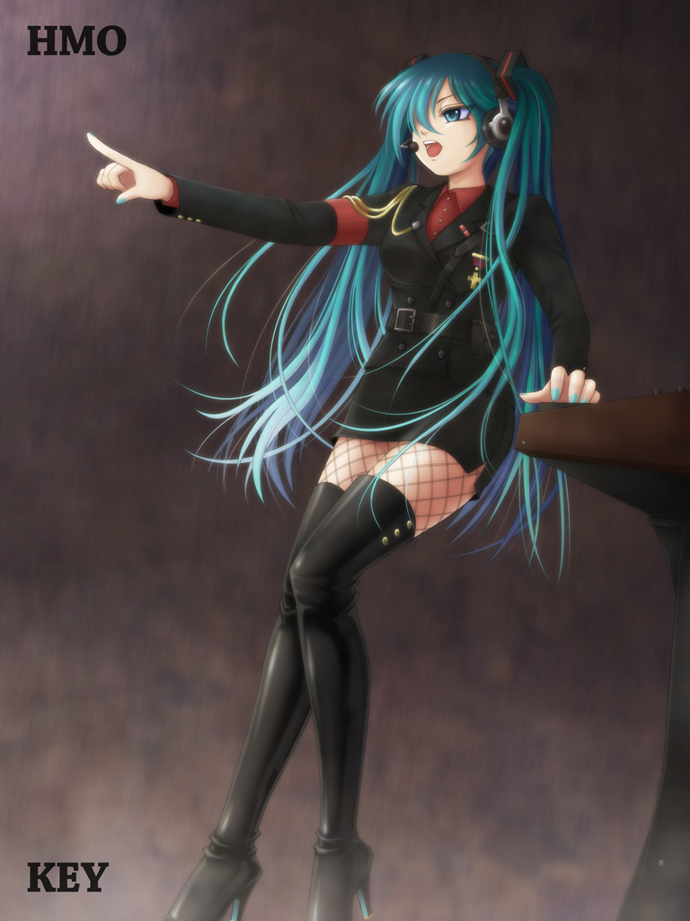 mc-4, hatsune miku, vocaloid, 1girl, aiguillette, aqua eyes, aqua hair, boots, female focus, fishnet thighhighs, fishnets, high heels, legs, long hair, military, military uniform, shoes, solo, thigh boots, thighhighs, twintails