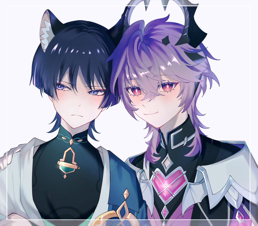 durin (genshin impact), scaramouche (genshin impact), wanderer (genshin impact), genshin impact, 2boys, animal ears, cat ears, crossed arms, dragon boy, dragon horns, gloves, hand on another's shoulder, horns, light smile, long sleeves, looking at viewer, looking to the side, male focus, multiple boys, purple eyes, tiniloaf, white gloves