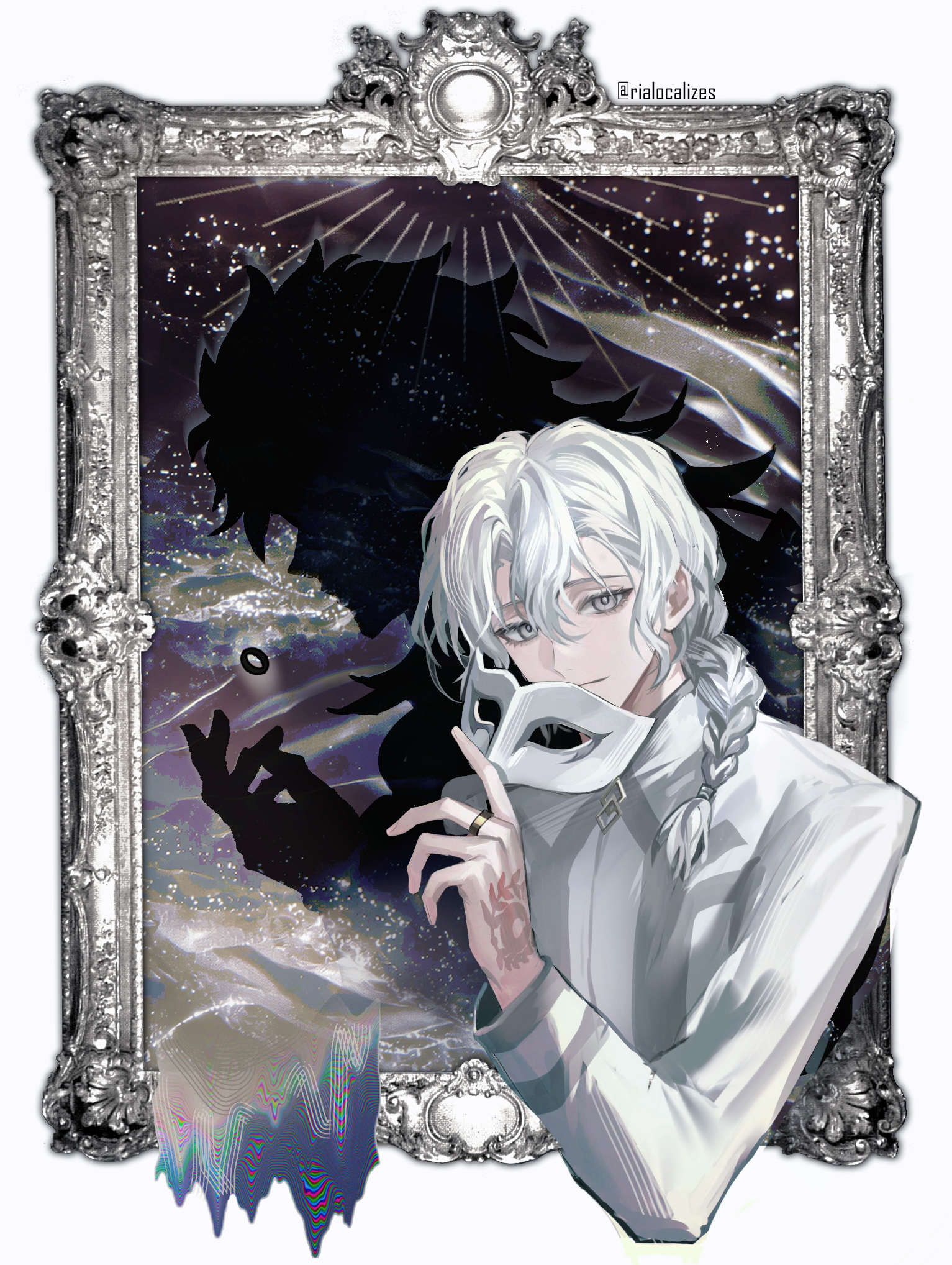 asteria, marisbury animusphere, solomon (fate), fate/grand order, fate (series), highres, 1boy, braid, chaldea logo, holding, holding mask, jewelry, male focus, mask, painting (object), ring, silhouette, twitter username, white eyes, white hair