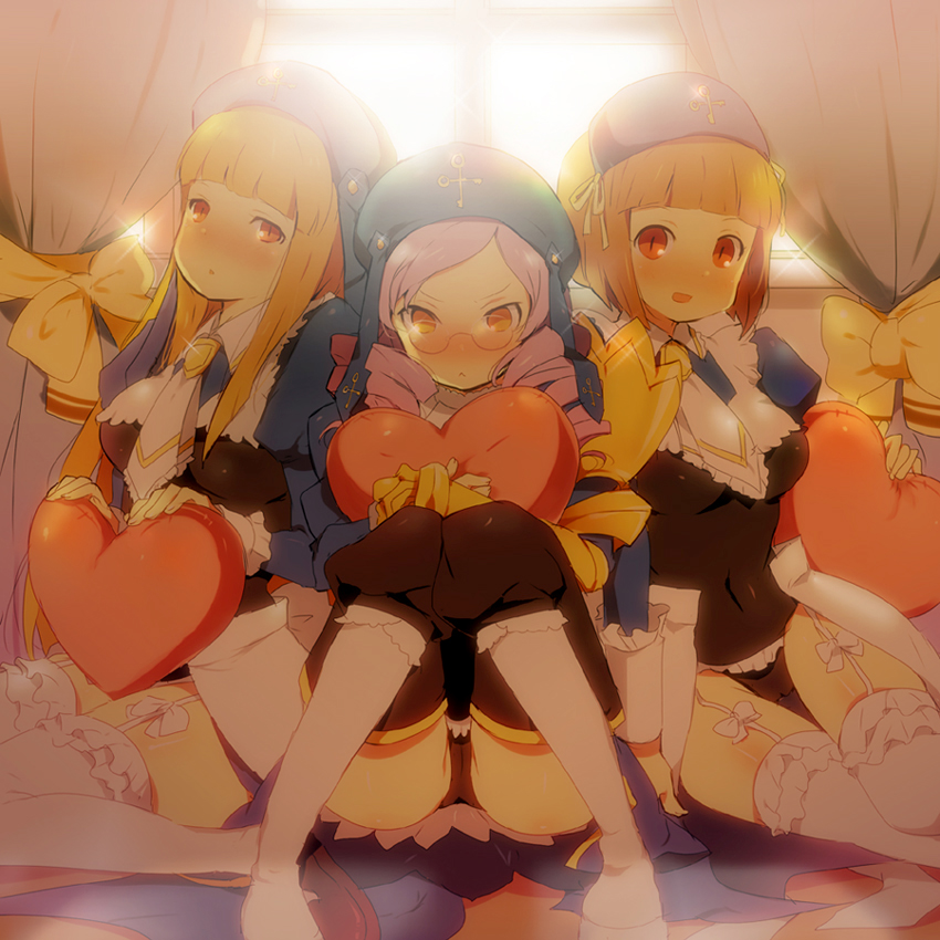 kl (dgzonbi), cornelia (umineko), dlanor a. knox, eiserne jungfrau, gertrude (umineko), umineko no naku koro ni, 00s, 3girls, blonde hair, cameltoe, drill hair, glasses, multiple girls, purple hair, thighhighs