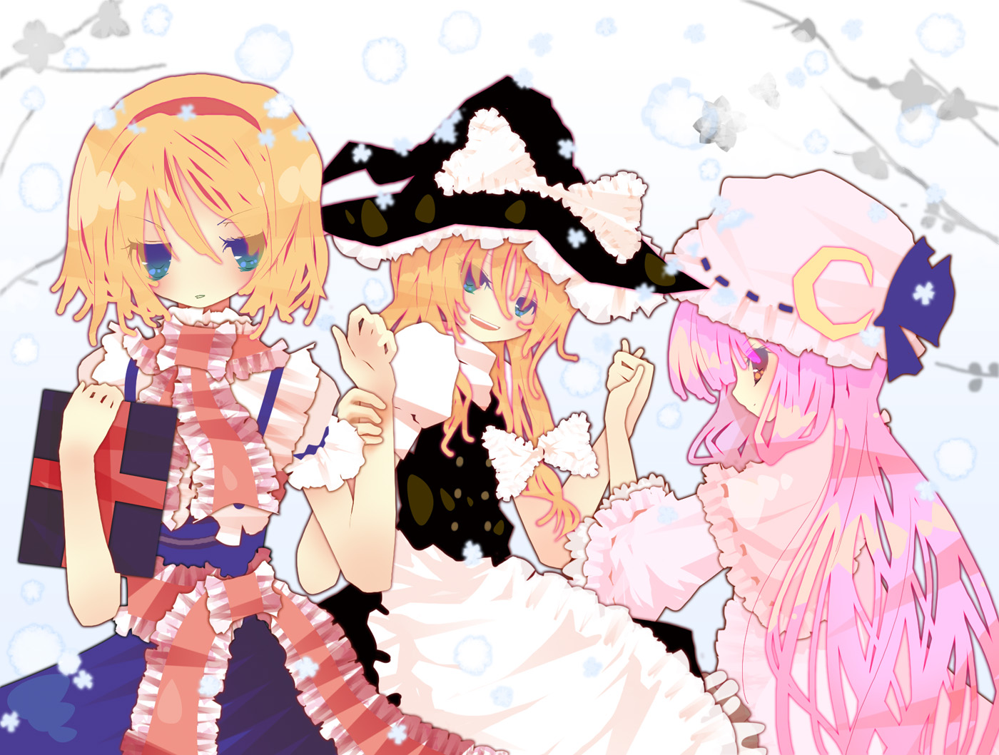 alice margatroid, kirisame marisa, patchouli knowledge, perfect cherry blossom, touhou, artist request, 3girls, apron, blonde hair, blue eyes, book, bow, branch, brown eyes, crescent moon, dress, female focus, hair bow, hairband, hat, holding hands, leaf, long hair, moon, multiple girls, open mouth, pink hair, profile, ribbon, short hair, short sleeves, smirk, snow, suspenders, wide sleeves, witch, witch hat