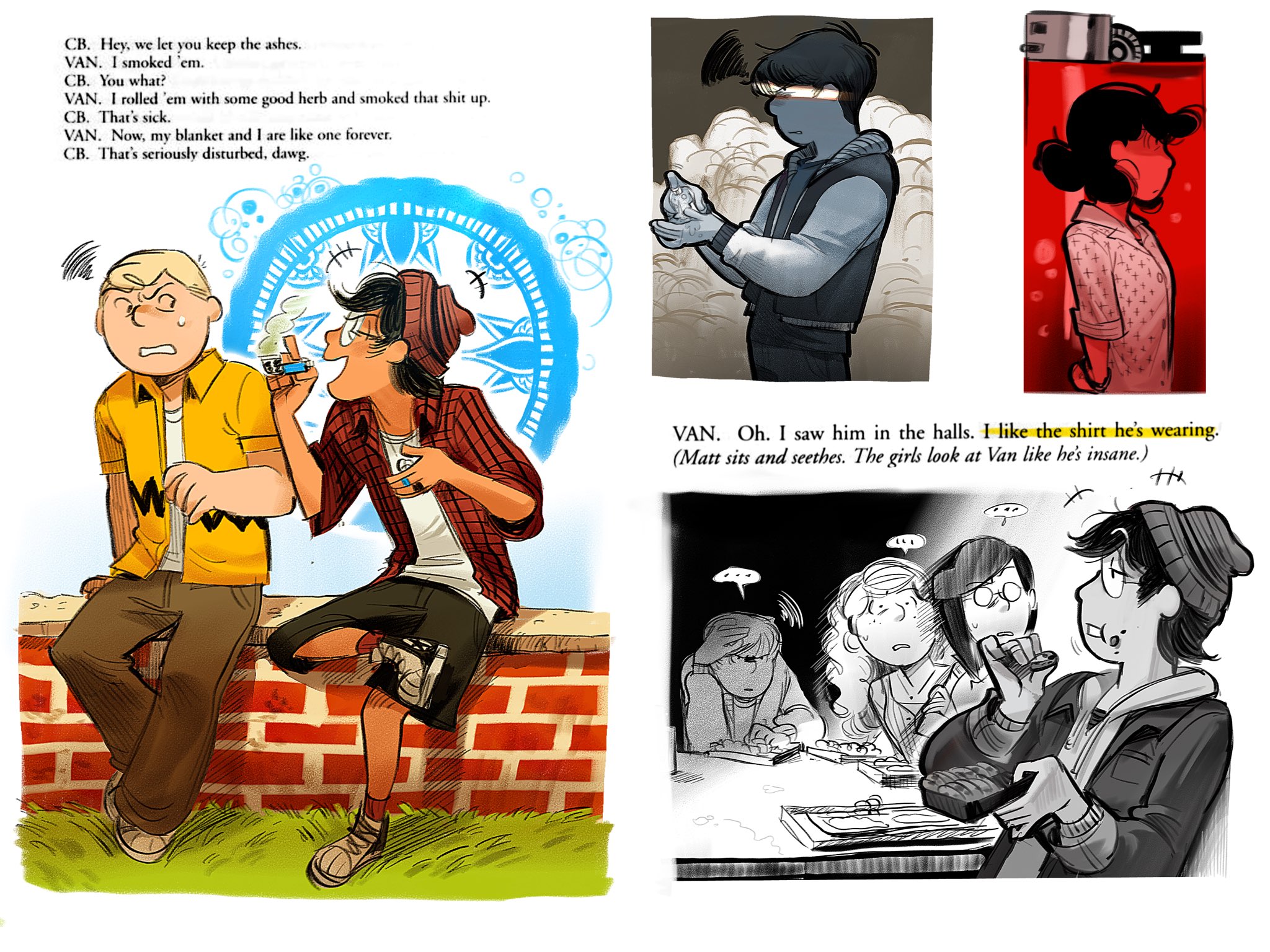 charlie brown, linus van pelt, lucy van pelt, marcie (peanuts), peppermint patty, pig-pen, peanuts (comic), highres, 3boys, 3girls, aged up, beanie, black hair, blonde hair, brother and sister, dog sees god, dubu274611, earrings, eating, glasses, hat, hospital gown, jacket, jewelry, multiple boys, multiple girls, plaid clothes, plaid jacket, shaded face, shirt, siblings, sitting, smoking, yellow shirt