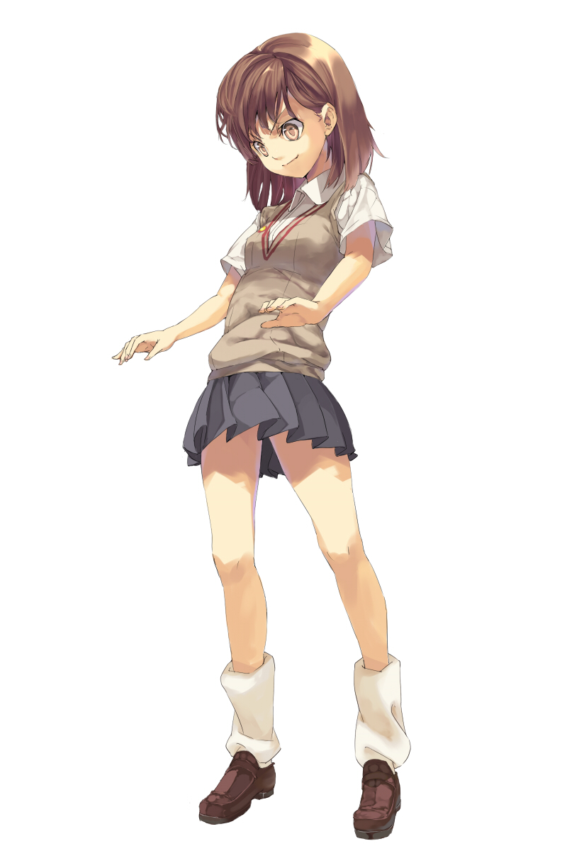 kotoba, kotoba (kotobato), misaka mikoto, toaru kagaku no railgun, toaru majutsu no index, highres, 00s, 1girl, brown eyes, brown hair, female focus, loose socks, school uniform, short hair, skirt, socks, solo, sweater vest