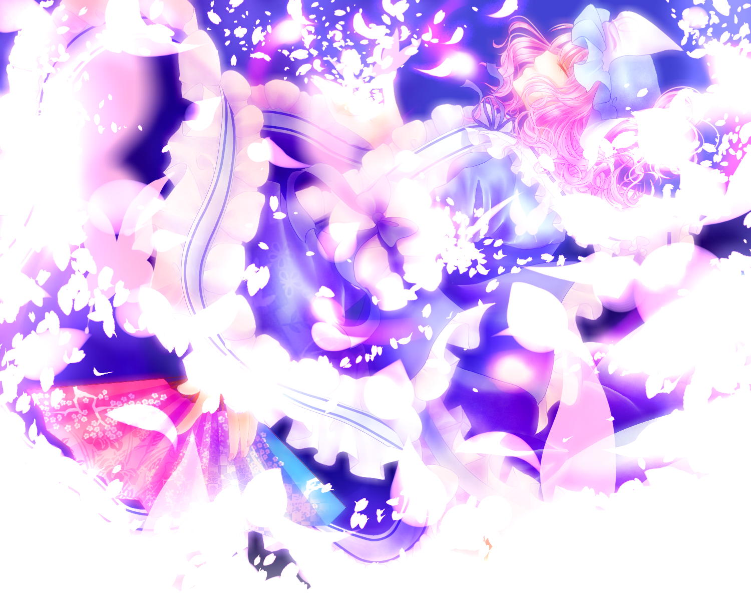 nayuzu, saigyouji yuyuko, touhou, bad id, bad pixiv id, highres, 1girl, cherry blossoms, female focus, folding fan, hand fan, hat, japanese clothes, kimono, pink hair, short hair, solo