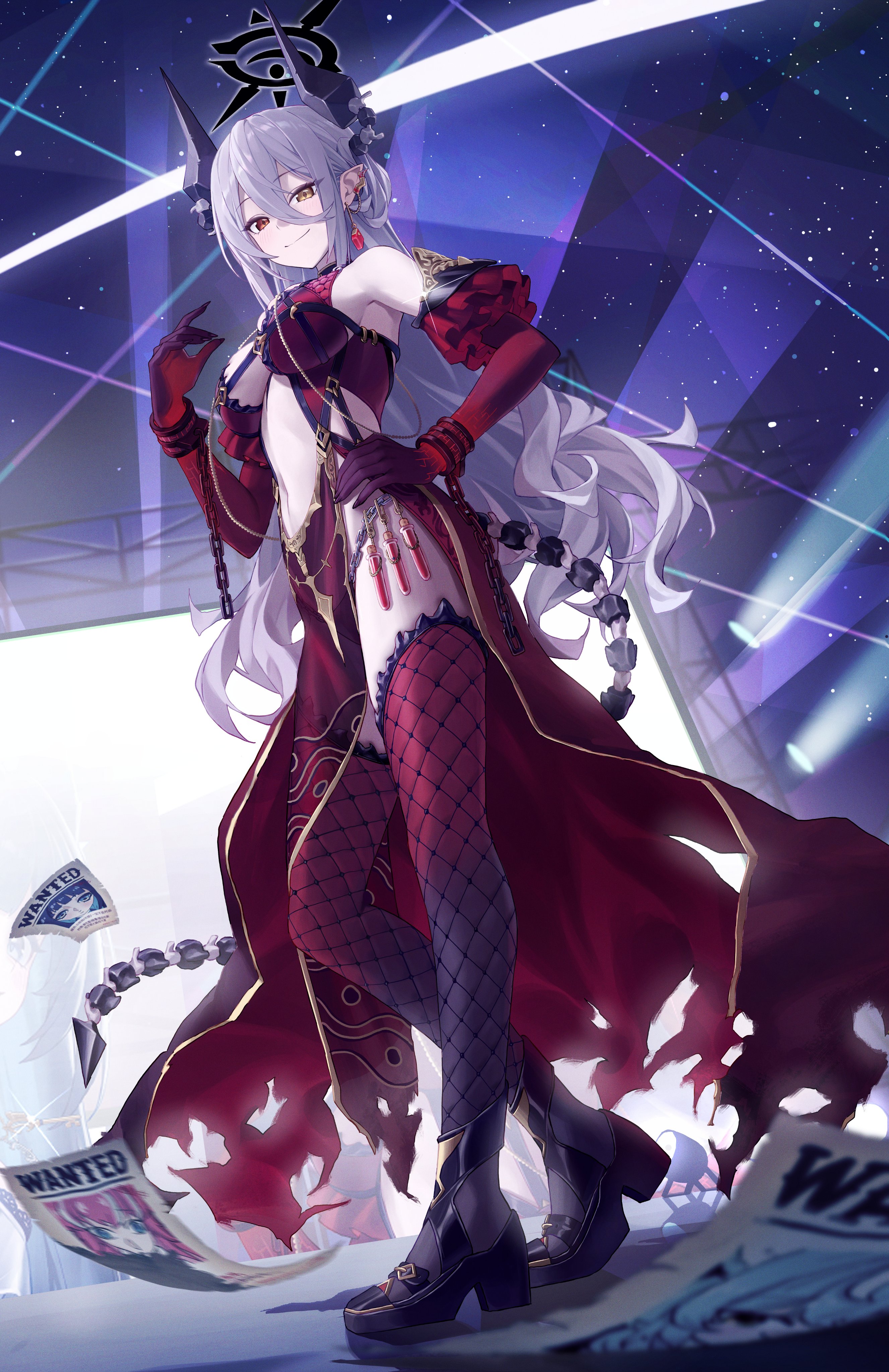bacon quiche, itsuki (meridian project), meridian project, absurdres, commentary, hashtag-only commentary, highres, 1girl, ambiguous red liquid, bare shoulders, black horns, black thighhighs, block heels, breasts, center opening, chain, closed mouth, colored extremities, cuffs, dark halo, demon girl, demon horns, demon tail, detached sleeves, dress, dutch angle, earrings, fishnet thighhighs, fishnets, frilled sleeves, frills, from below, gold trim, gradient thighhighs, grey hair, hair between eyes, halo, heterochromia, high heels, horns, jewelry, large breasts, legs, long hair, long hair between eyes, looking at viewer, navel, night, outdoors, pelvic curtain, pointy ears, poster (object), red dress, red eyes, red thighhighs, screen, shackles, single earring, smile, solo, spotlight, stage, stage lights, standing, star (symbol), tail, thighhighs, thighs, torn clothes, very long hair, vial, virtual youtuber, wanted poster, yellow eyes