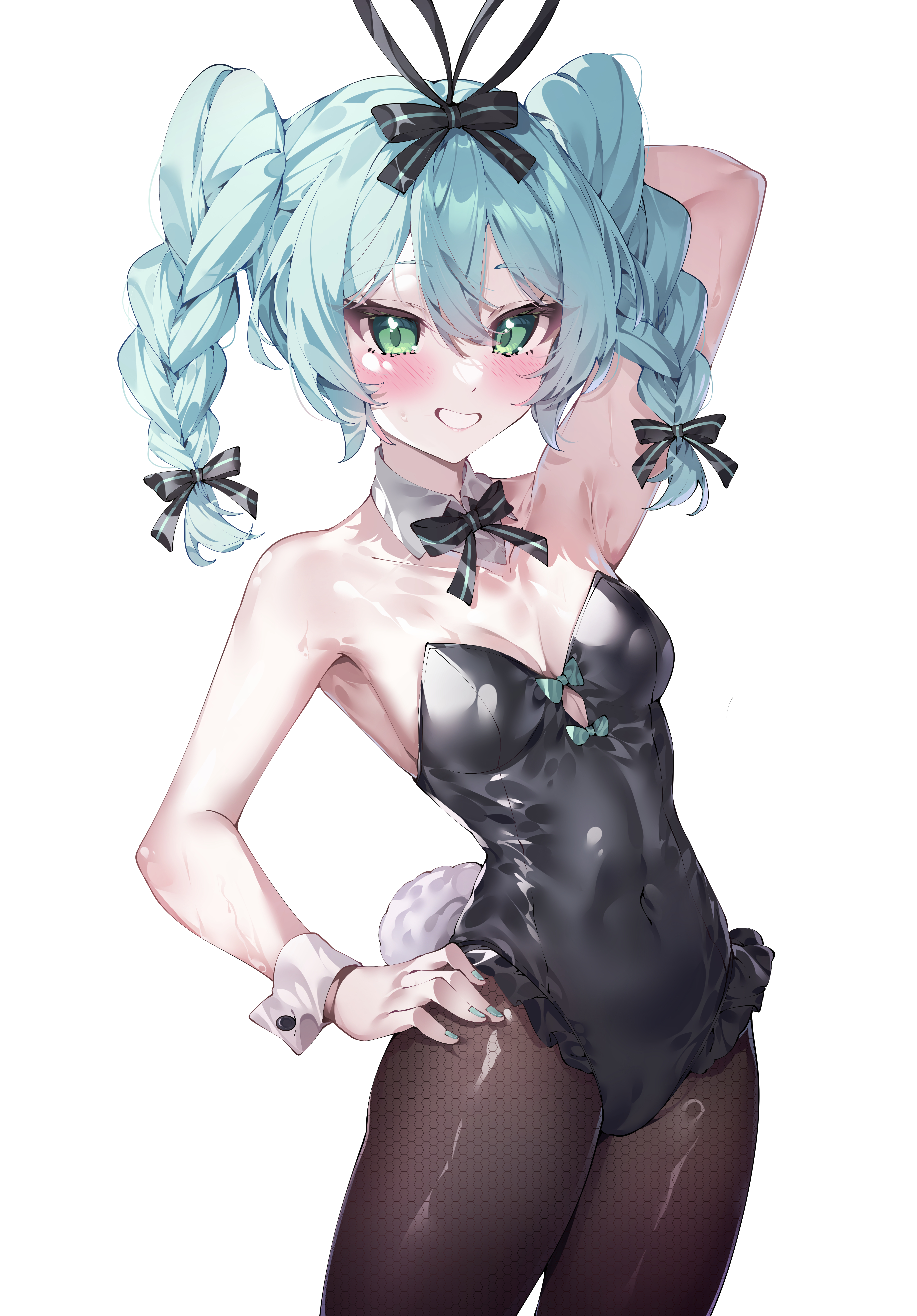 hua-huahua, bicute bunnies miku, bicute bunnies miku (rurudo), hatsune miku, vocaloid, absurdres, chinese commentary, commentary, highres, 1girl, arm behind head, black leotard, black pantyhose, black ribbon, blush, braid, breasts, cameltoe, collar, fake tail, green eyes, green hair, green nails, hair ribbon, hand on own hip, leotard, looking at viewer, medium breasts, neck ribbon, pantyhose, rabbit tail, ribbon, simple background, solo, tail, twin braids, white background, white collar