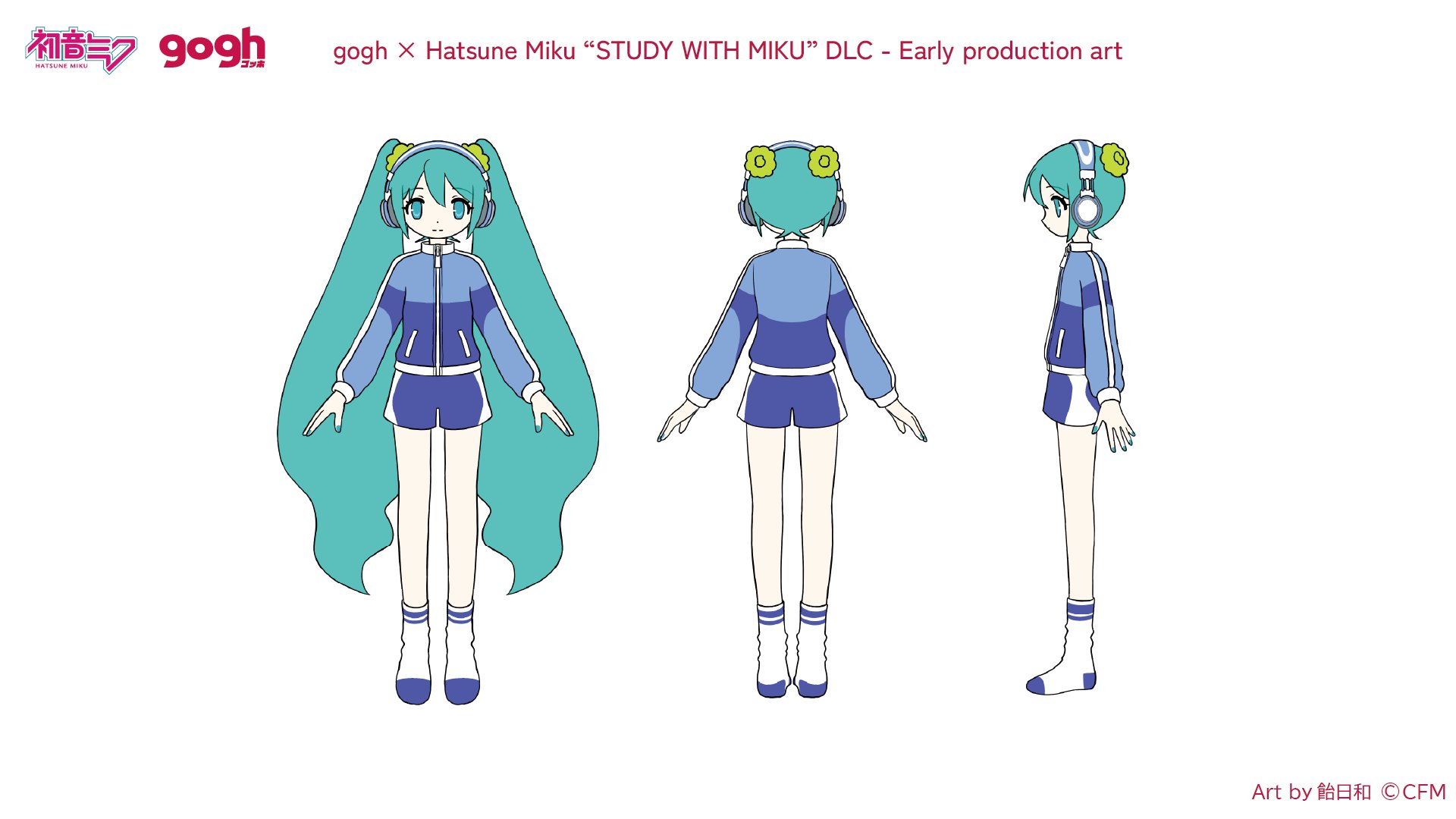 anbiyori, hatsune miku, gogh: focus with your avatar, vocaloid, commentary, english commentary, highres, official art, second-party source, 1girl, aqua eyes, aqua hair, artist name, blue jacket, blue shorts, character name, company name, copyright name, copyright notice, full body, headphones, jacket, long hair, looking at viewer, multiple views, no shoes, reference sheet, shorts, socks, twintails, very long hair, white background, white socks