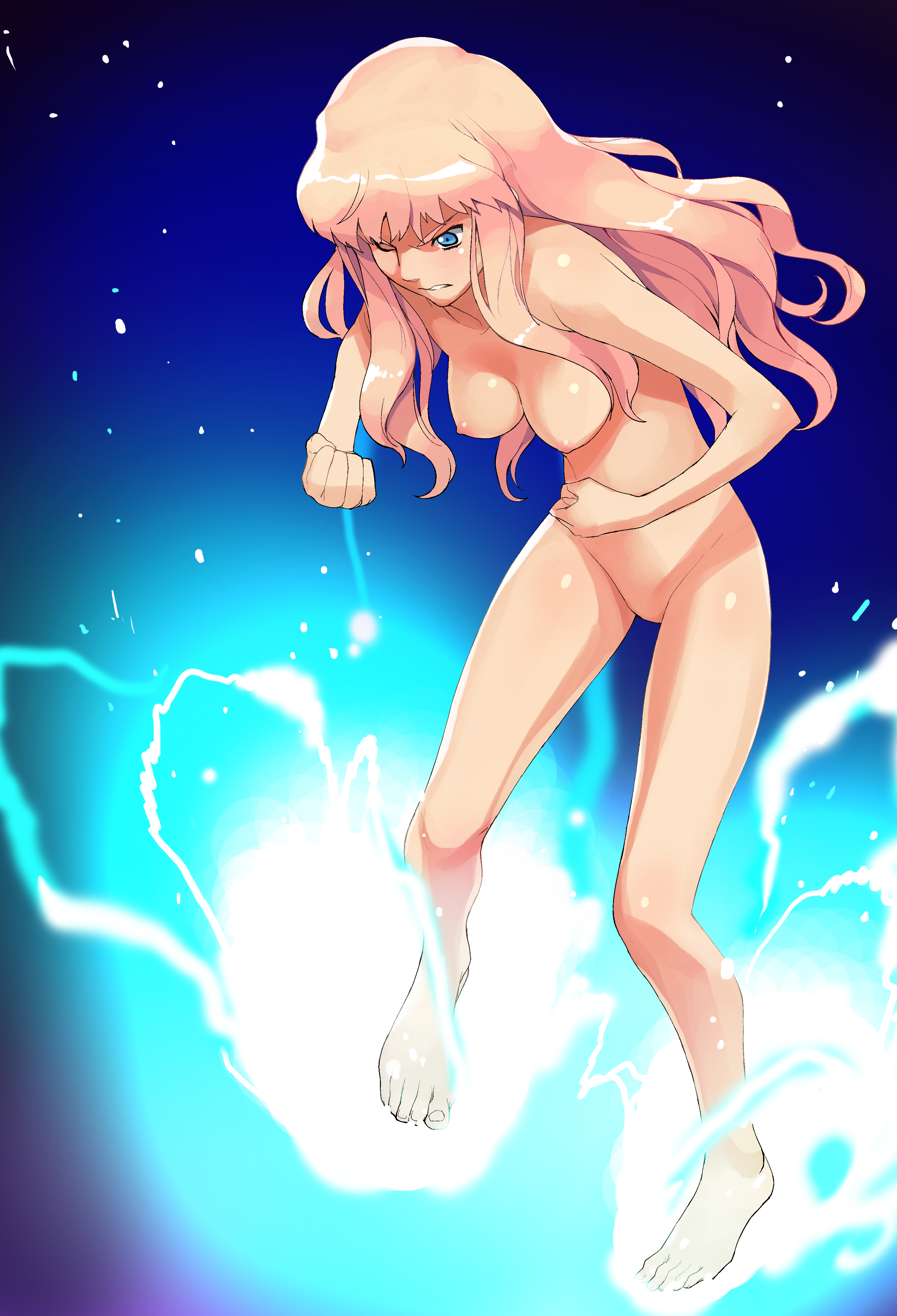 a1 (initial-g), sheryl nome, macross, macross frontier, absurdres, highres, 00s, 1girl, aura, barefoot, blonde hair, blue eyes, breasts, clenched hand, clenched hands, feet, female focus, legs, lightning, long hair, nipples, nude, serious, solo