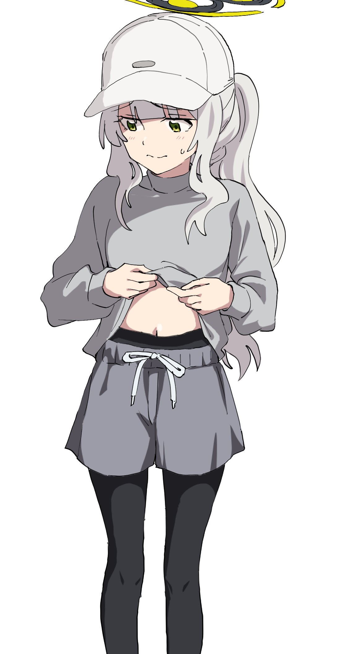 momomatang, hare (blue archive), hare (camp) (blue archive), blue archive, 1girl, baseball cap, black pantyhose, blush, clothes lift, embarrassed, green eyes, grey shirt, grey shorts, hair through headwear, halo, hat, long hair, midriff peek, navel, pantyhose, pantyhose under shorts, ponytail, shirt, shirt lift, shorts, sidelocks, solo, standing, sweat, wavy hair, white hair, white hat