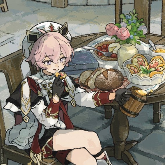 hishida (koko escape), dahlia (genshin impact), genshin impact, 1boy, alcohol, beer, beer mug, beret, black gloves, book, bread, cup, eating, flower, food, gloves, hat, holding, holding cup, mug, pink flower, pink hair, purple eyes, table, tongue, tongue out, vase