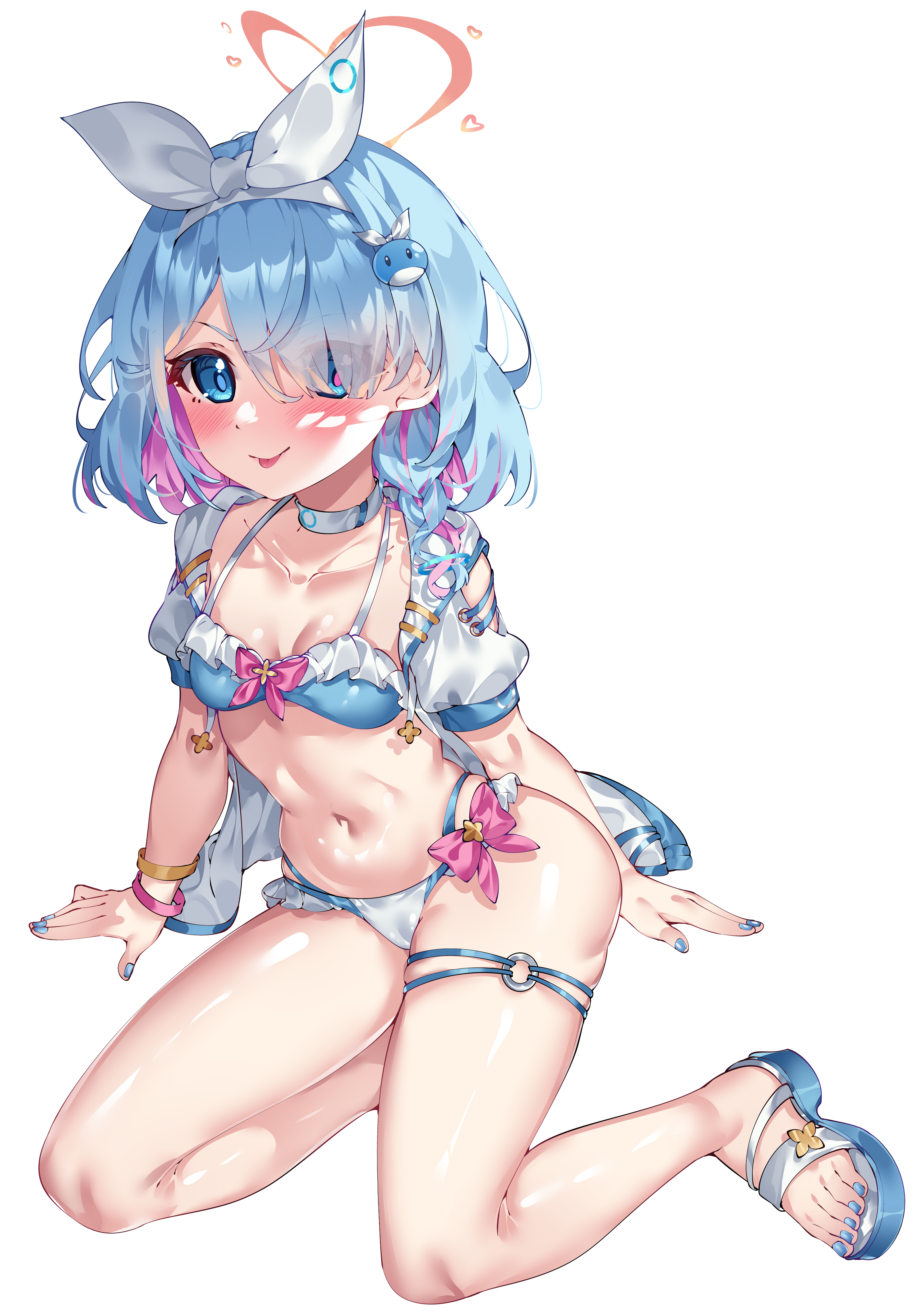hua-huahua, arona (blue archive), blue archive, absurdres, chinese commentary, commentary, highres, 1girl, bikini, blue bikini, blue eyes, blue hair, blue nails, blush, braid, choker, collarbone, full body, hair over one eye, hairband, halo, jacket, looking at viewer, multicolored hair, navel, pink hair, pink ribbon, red halo, ribbon, sandals, short hair, side braid, sitting, solo, swimsuit, tongue, tongue out, v-shaped eyebrows, white choker, white hairband, white jacket, white sandals, yokozuwari