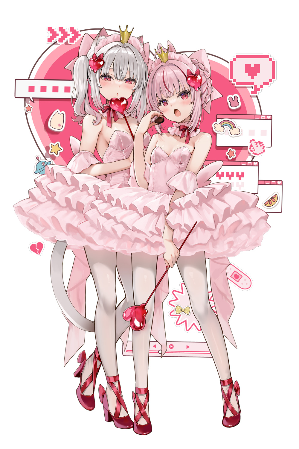 natsume eri, natsume eri (vtuber), tomari mari, indie virtual youtuber, commentary request, highres, …, 2girls, animal ear fluff, animal ears, blush, breasts, cleavage, crown, detached collar, dress, frilled dress, frills, full body, grey hair, hair intakes, heart, heart wand, high heels, looking at viewer, mini crown, multiple girls, nail polish, neck ribbon, pantyhose, pink dress, pink hair, pink headdress, pixelated, rainbow, red eyes, red nails, red ribbon, red shoes, ribbon, shoes, small breasts, spoken ellipsis, spoken heart, strapless, strapless dress, virtual youtuber, white pantyhose, window (computing)