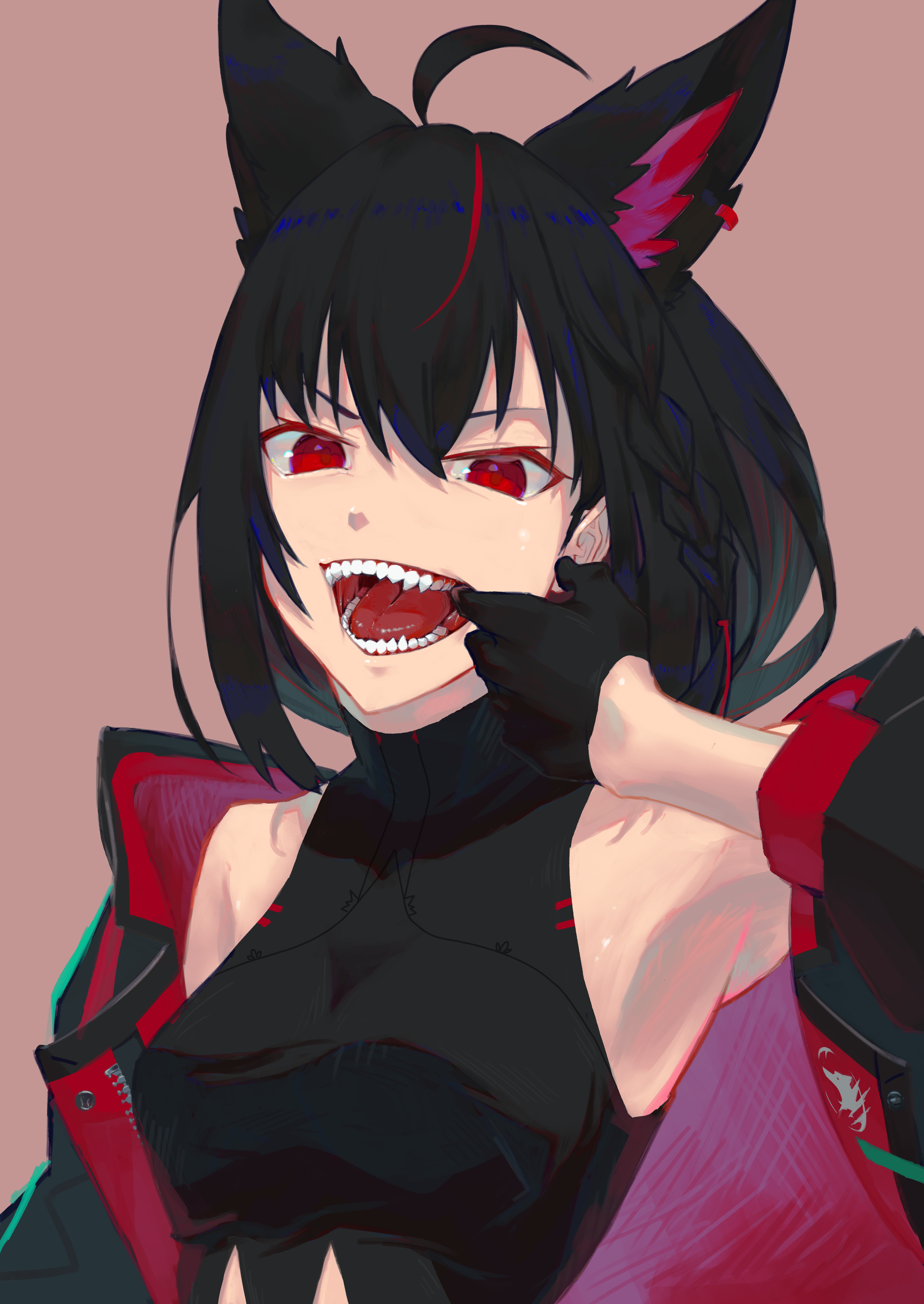 kirara with ray, kurokami fubuki, hololive, absurdres, commentary request, highres, 1girl, ahoge, animal ears, armpits, black gloves, black hair, black shirt, braid, breasts, brown background, cheek pull, fangs, fox ears, fox girl, gloves, hand up, jacket, long hair, looking at viewer, medium breasts, open clothes, open jacket, open mouth, realistic teeth, red eyes, red streaks, shirt, side braid, sidelocks, simple background, single braid, sleeveless, sleeveless shirt, solo, tongue, turtleneck, turtleneck shirt, upper body, virtual youtuber