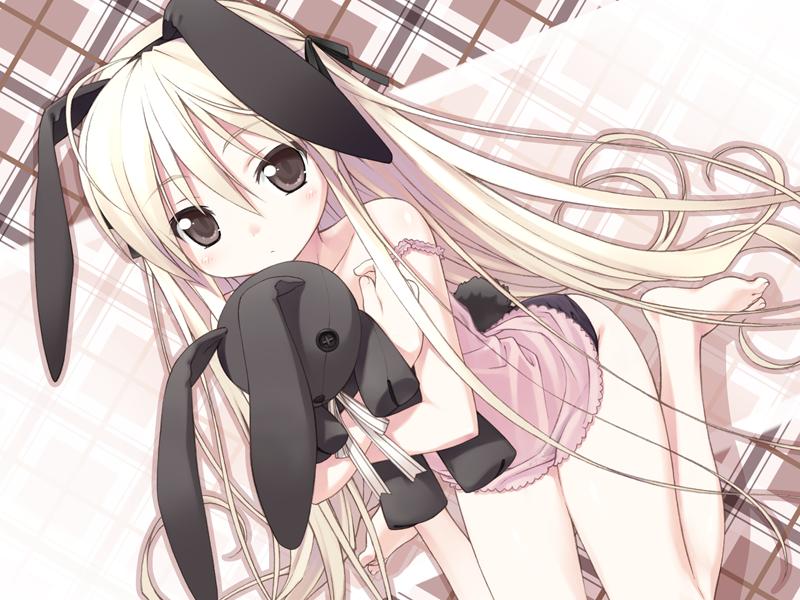 mizuki kotora, kasugano sora, yosuga no sora, jpeg artifacts, 1girl, animal ears, babydoll, barefoot, black panties, blonde hair, brown eyes, dutch angle, feet, flat chest, haruka no sora, holding, long hair, nightgown, off shoulder, panties, purple eyes, rabbit, rabbit ears, rabbit tail, scut, sitting, strap slip, stuffed animal, stuffed rabbit, stuffed toy, tail, underwear, very long hair, wariza
