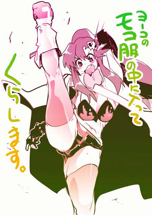yoko littner, tengen toppa gurren lagann, translation request, 00s, 1girl, angry, bikini, bikini top only, blush, boots, breasts, cleavage, female focus, gloves, high kick, kicking, long hair, navel, open mouth, ponytail, scarf, skull, solo, split, standing, standing on one leg, standing split, swimsuit, thighhighs, white background