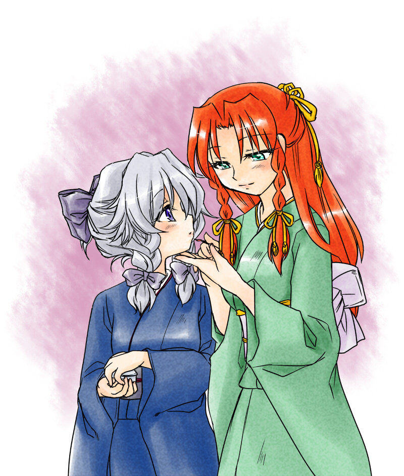 cherry blossoms (artist), sakura (doors), hong meiling, izayoi sakuya, embodiment of scarlet devil, touhou, silver hair, bad id, bad pixiv id, 2girls, alternate hairstyle, braid, female focus, japanese clothes, kimono, makeup, multiple girls, red hair, twin braids, yuri