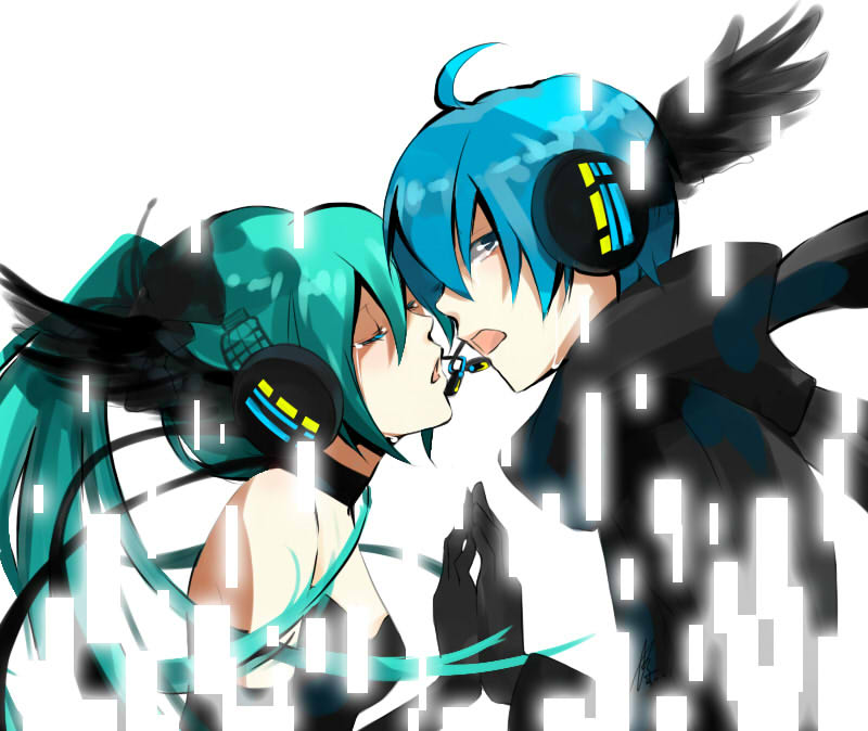 saiyukiht, hatsune miku, kaito (vocaloid), magnet (vocaloid), vocaloid, ahoge, aqua hair, blue eyes, blue hair, closed eyes, digital dissolve, gloves, headphones, headset, long hair, tears, twintails, wings