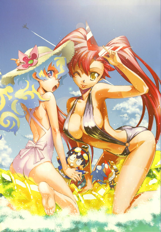mori kotarou, boota (ttgl), gurren-lagann, kamina (ttgl), nia teppelin, simon (ttgl), yoko littner, tengen toppa gurren lagann, + +, 00s, 2girls, :p, ;p, aircraft, airplane, ass, bare shoulders, barefoot, breasts, character doll, cleavage, contrail, cross-shaped pupils, day, doll, gradient hair, hat, kamina shades, large breasts, long hair, multicolored hair, multiple girls, navel, one-piece swimsuit, one eye closed, red hair, sky, slingshot swimsuit, sun hat, swimsuit, symbol-shaped pupils, tongue, tongue out, triangular eyewear, twintails, very long hair, wink, yellow eyes