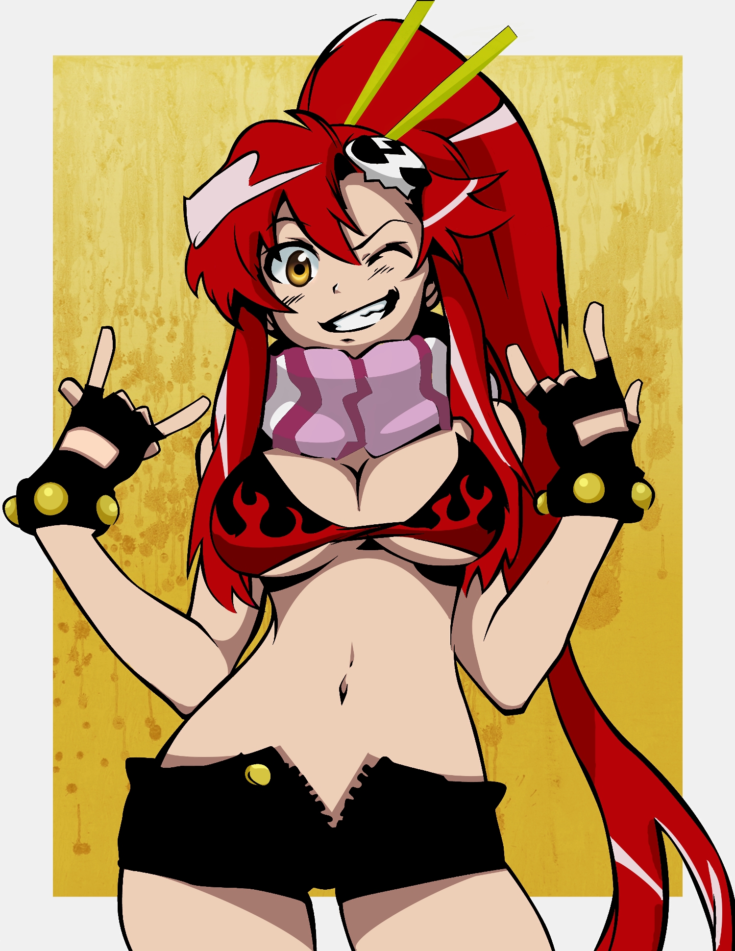 yoko littner, tengen toppa gurren lagann, highres, 00s, 1girl, bare shoulders, bikini, bikini top only, breasts, cleavage, female focus, gloves, grin, long hair, m/, midriff, navel, one eye closed, red hair, scarf, simple background, skull, smile, solo, swimsuit, underboob, unzipped, very long hair, wink, yellow eyes