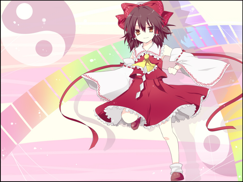 kanaritu, hakurei reimu, imperishable night, touhou, bad id, bad pixiv id, 1girl, black hair, brown eyes, detached sleeves, female focus, hair ribbon, japanese clothes, miko, rainbow order, ribbon, solo