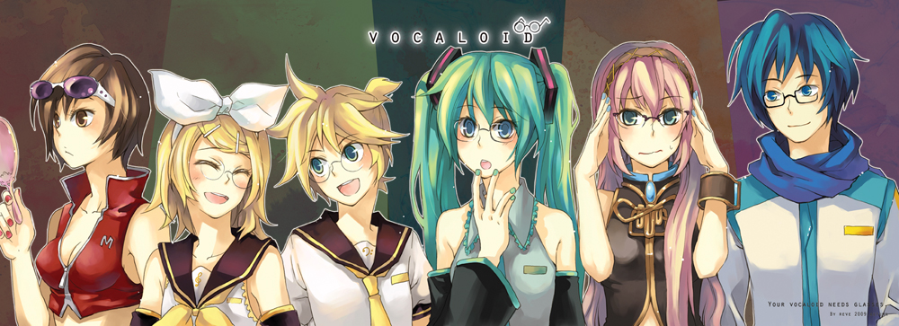 reve, revereve, hatsune miku, kagamine len, kagamine rin, kaito (vocaloid), megurine luka, meiko (vocaloid), vocaloid, bad id, bad pixiv id, 2boys, 4girls, aqua eyes, aqua hair, blonde hair, blue eyes, blue hair, blue scarf, brown eyes, brown hair, detached sleeves, embarrassed, glasses, hair ornament, hair ribbon, hairclip, long hair, mirror, multiple boys, multiple girls, necktie, pink hair, ribbon, scarf, short hair, siblings, smile, sweat, twins, twintails