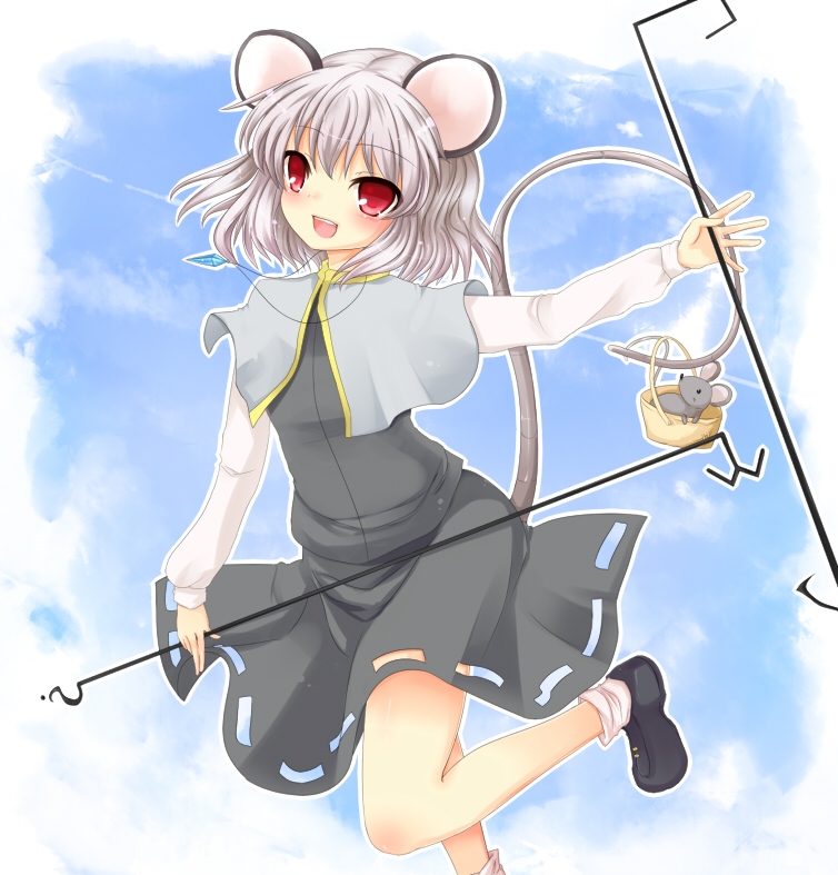 fuyu-nagi, nazrin, touhou, bad id, bad pixiv id, 1girl, animal ears, basket, capelet, dowsing rod, female focus, grey hair, jewelry, mouse (animal), mouse ears, mouse tail, open mouth, pendant, red eyes, short hair, smile, solo, standing, standing on one leg, tail