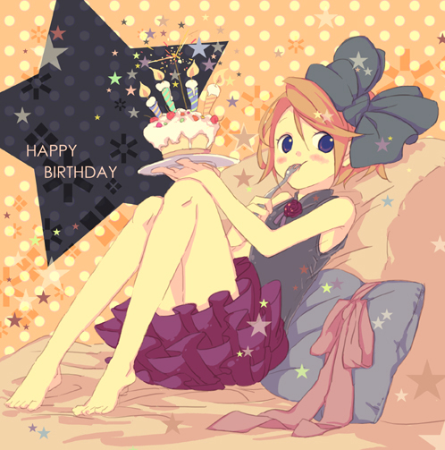 moyashi nabe, kagamine rin, vocaloid, barefoot, birthday, blonde hair, blue eyes, bow, cake, eating, feet, food, fork, hair bow, hair ribbon, pastry, pillow, plate, ribbon, short hair, sitting, skirt, solo